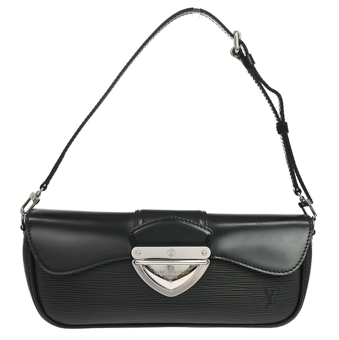Louis Vuitton Pochette Montaigne Black Epi Leather Top Handle Bag M59292: Louis Vuitton Pochette Montaigne Black Epi Leather Top Handle Bag M59292 Louis Vuitton Pochette Montaigne handbag in black Epi leather with leather handle/strap and microfiber lining. It is a small to