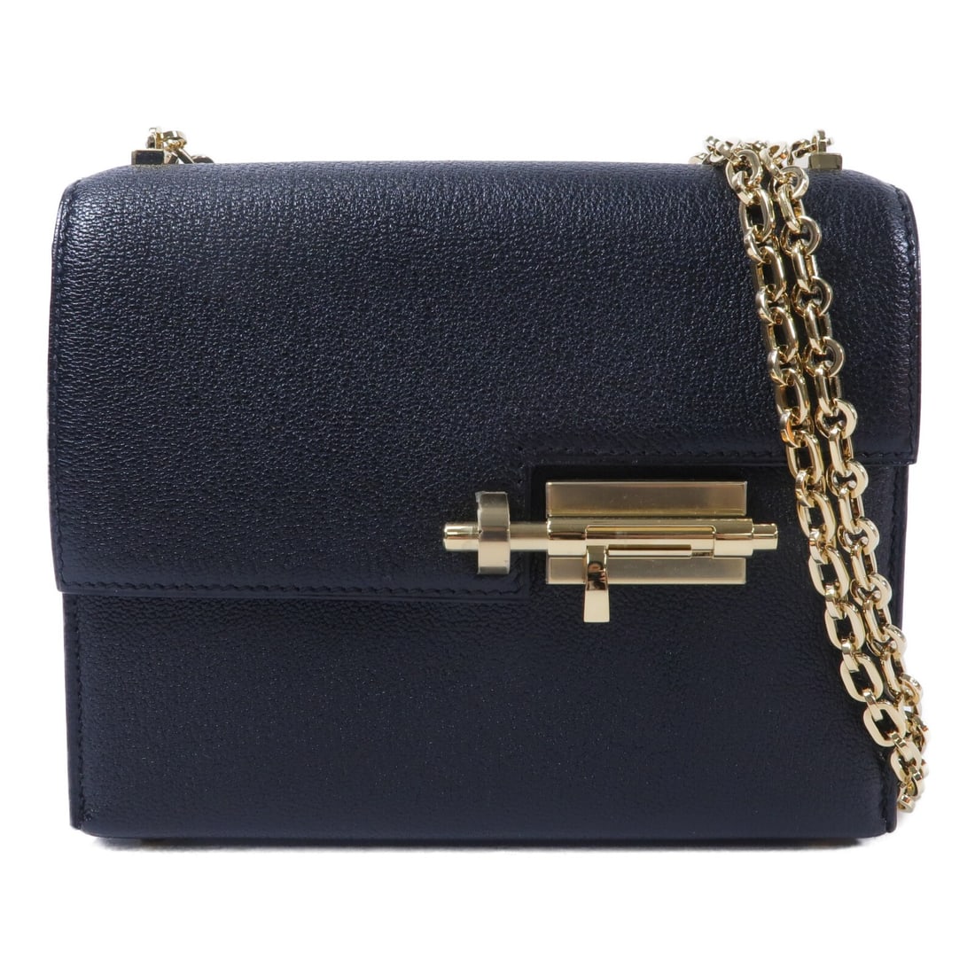 Hermes Mini Verrou Shoulder Bag Noir Chevre Leather Gold Tone Chain: Hermes Mini Verrou Shoulder Bag Noir Chevre Leather Gold Tone Chain Hermes Mini Verrou Chain Shoulder Bag in Noir black, crafted from Chevre goatskin leather with gold-tone hardware. This women's shou