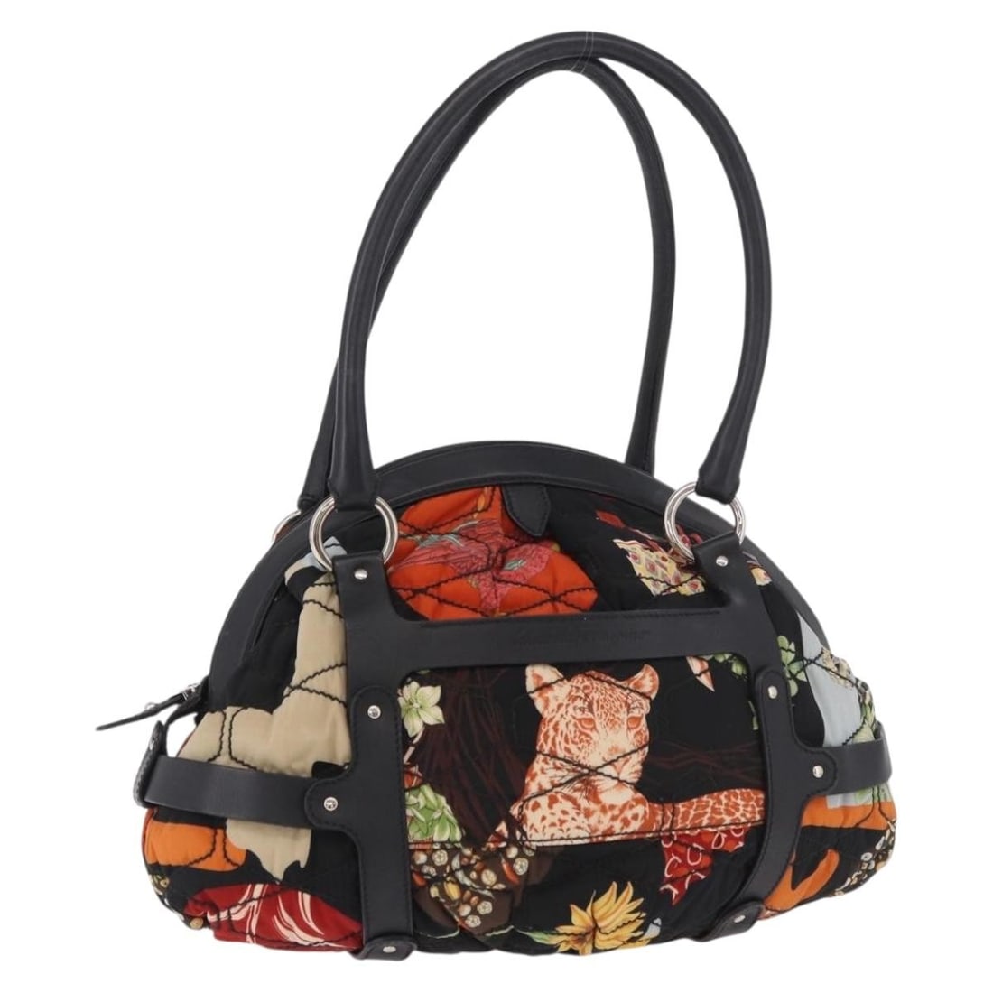 Black Canvas Hand Bag Salvatore Ferragamo Silver Tone Dust Bag: Black Canvas Hand Bag Salvatore Ferragamo Silver Tone Dust Bag Salvatore Ferragamo handbag in black and silver canvas, made in Italy. It comes with a dust bag and shows reasonable wear and tear, with