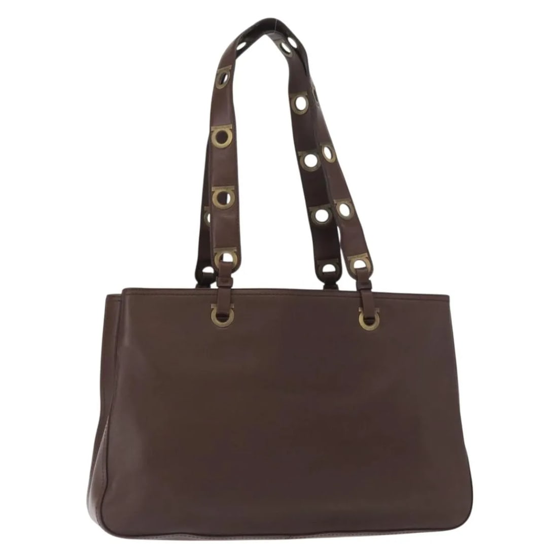 Gancini Brown Leather Tote Bag by Salvatore Ferragamo: Gancini Brown Leather Tote Bag by Salvatore Ferragamo This Salvatore Ferragamo Gancini Tote is crafted from brown leather and designed for women. The pre-owned bag displays signs of wear such as surfa