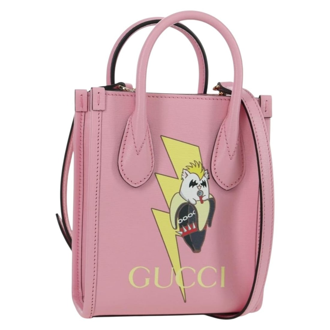 GUCCI 671623 leather mini 2way tote bag pink gold: GUCCI 671623 leather mini 2way tote bag pink gold Gucci Bananya mini 2-way tote bag in pink and gold leather. This women's bag is made in Italy and includes a dust bag and shoulder strap. It is in exc