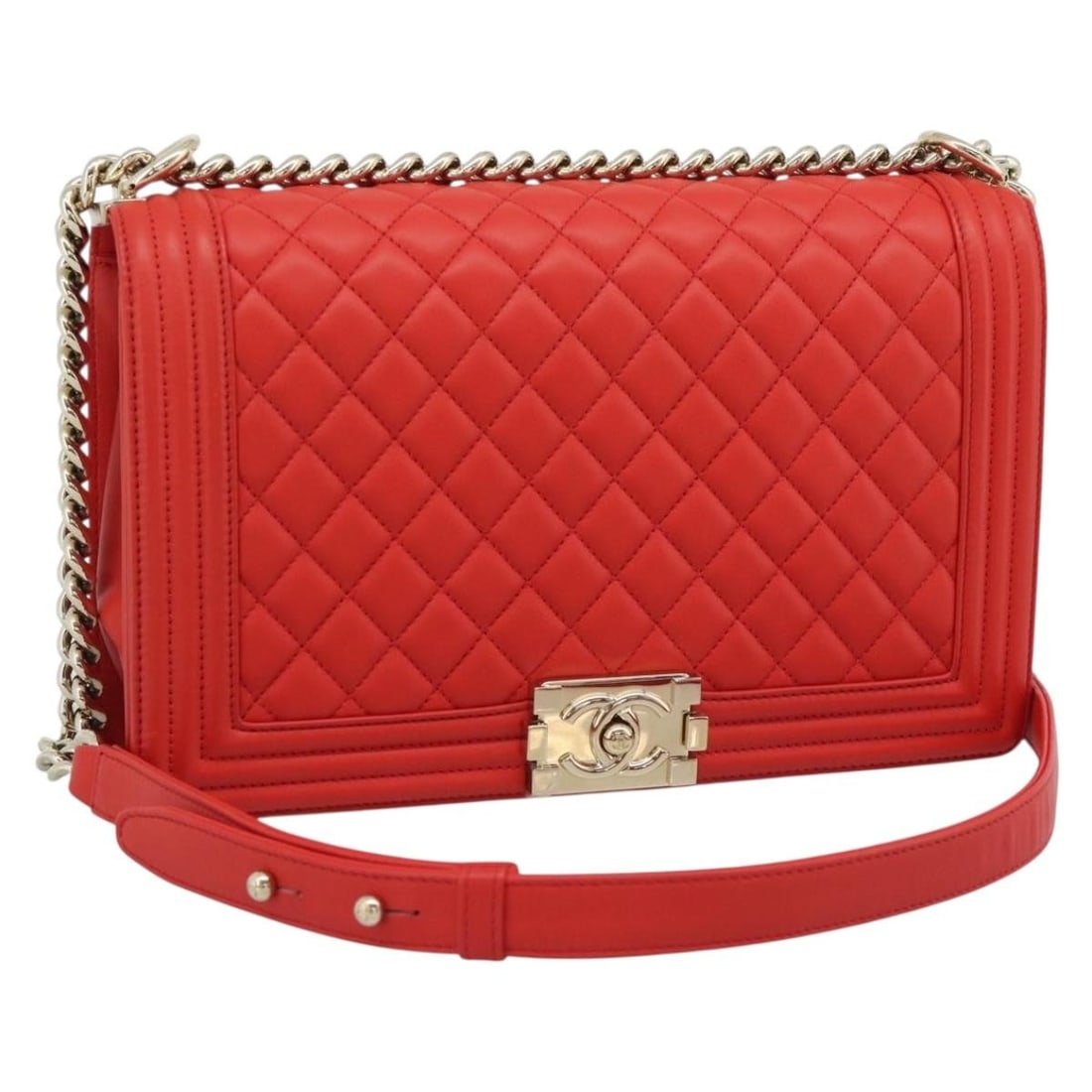 CHANEL Boy Chanel 28 Red Lambskin Shoulder Bag Gold Tone CC: CHANEL Boy Chanel 28 Red Lambskin Shoulder Bag Gold Tone CC A CHANEL Boy Chanel chain matelasse shoulder bag in red lamb skin with gold-tone hardware. It comes with a dust bag and guarantee card, and 