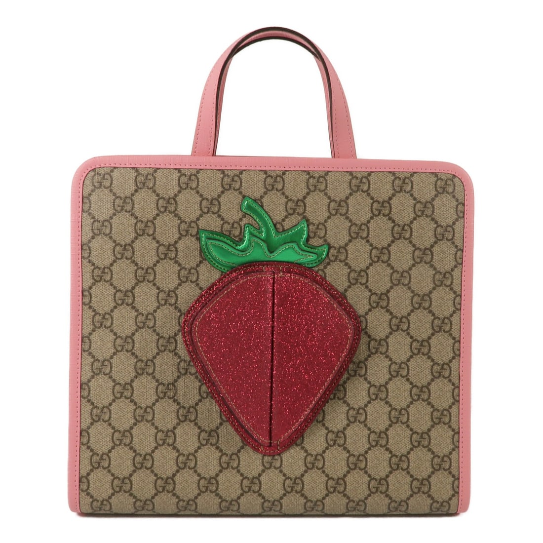 GUCCI 630589 GG 3D Strawberry Handbag PVC Coated Canvas Brown Pink: GUCCI 630589 GG 3D Strawberry Handbag PVC Coated Canvas Brown Pink This Gucci handbag is crafted from PVC coated canvas in a brown and pink colorway. It features a regular size profile with a handle d