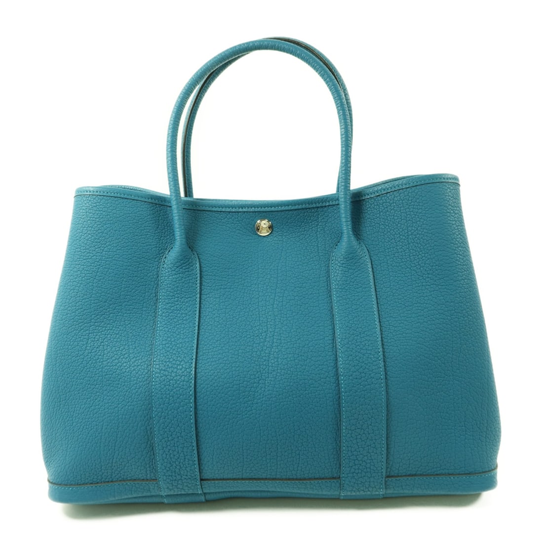 Hermes Garden Party PM Negonda Leather Tote Bleu Izmir PHW: Hermes Garden Party PM Negonda Leather Tote Bleu Izmir PHW Hermes Garden Party PM tote bag in Bleu Izmir blue, made from Negonda leather and calfskin (cowhide). This women's regular-size handbag is ma