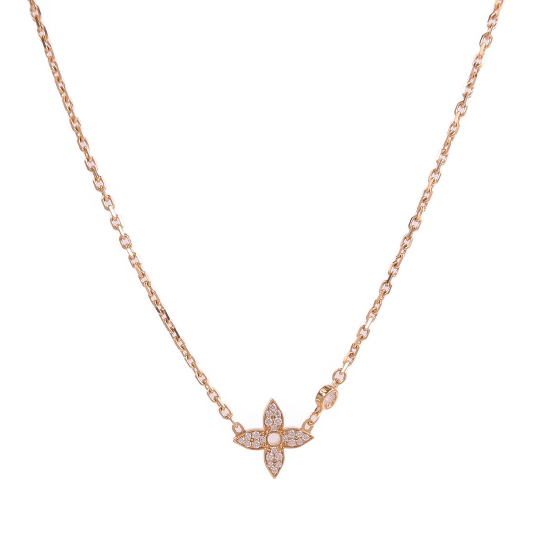 Louis Vuitton Q93871 Idylle Blossom diamond pendant necklace 18K rose gold: Louis Vuitton Q93871 Idylle Blossom diamond pendant necklace 18K rose gold Louis Vuitton LV Idylle Blossom Pendant Q93871 is a women's necklace in K18PG rose gold with diamond accents. It is described