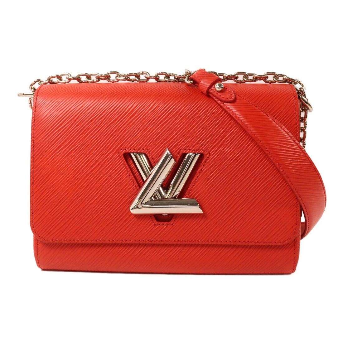Louis Vuitton Twist MM Red Epi Calfskin Chain Shoulder Bag M50523: Louis Vuitton Twist MM Red Epi Calfskin Chain Shoulder Bag M50523 Louis Vuitton Twist MM chain shoulder bag in red Epi leather with calfskin trim. It features a turn-lock closure, an interior open poc