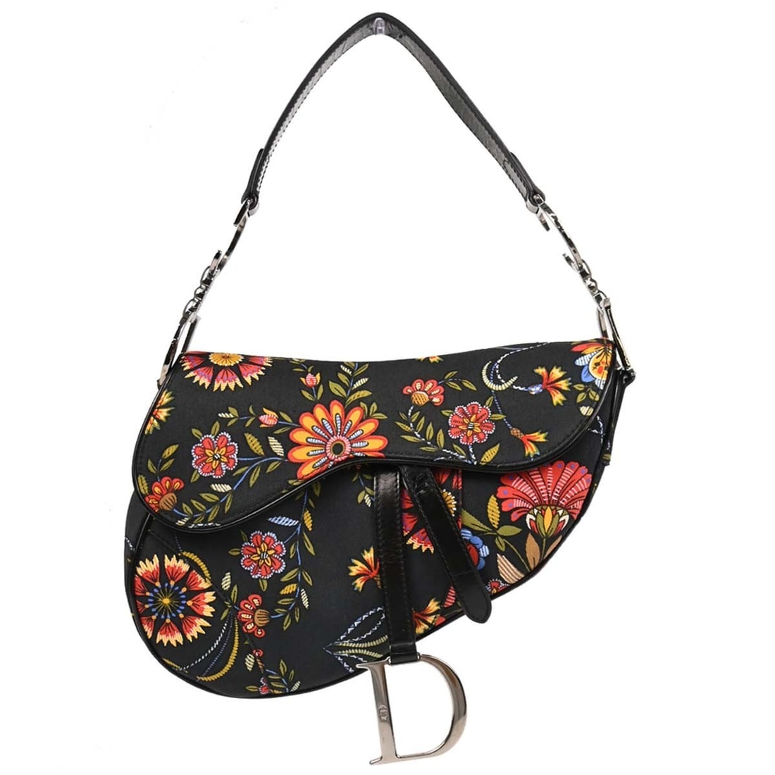 Dior Saddle Floral Canvas Top Handle Bag Black RU0062: Dior Saddle Floral Canvas Top Handle Bag Black RU0062 Christian Dior Saddle handbag in black floral canvas with leather strap and trim. This women's medium bag features a top handle, Velcro tape closu
