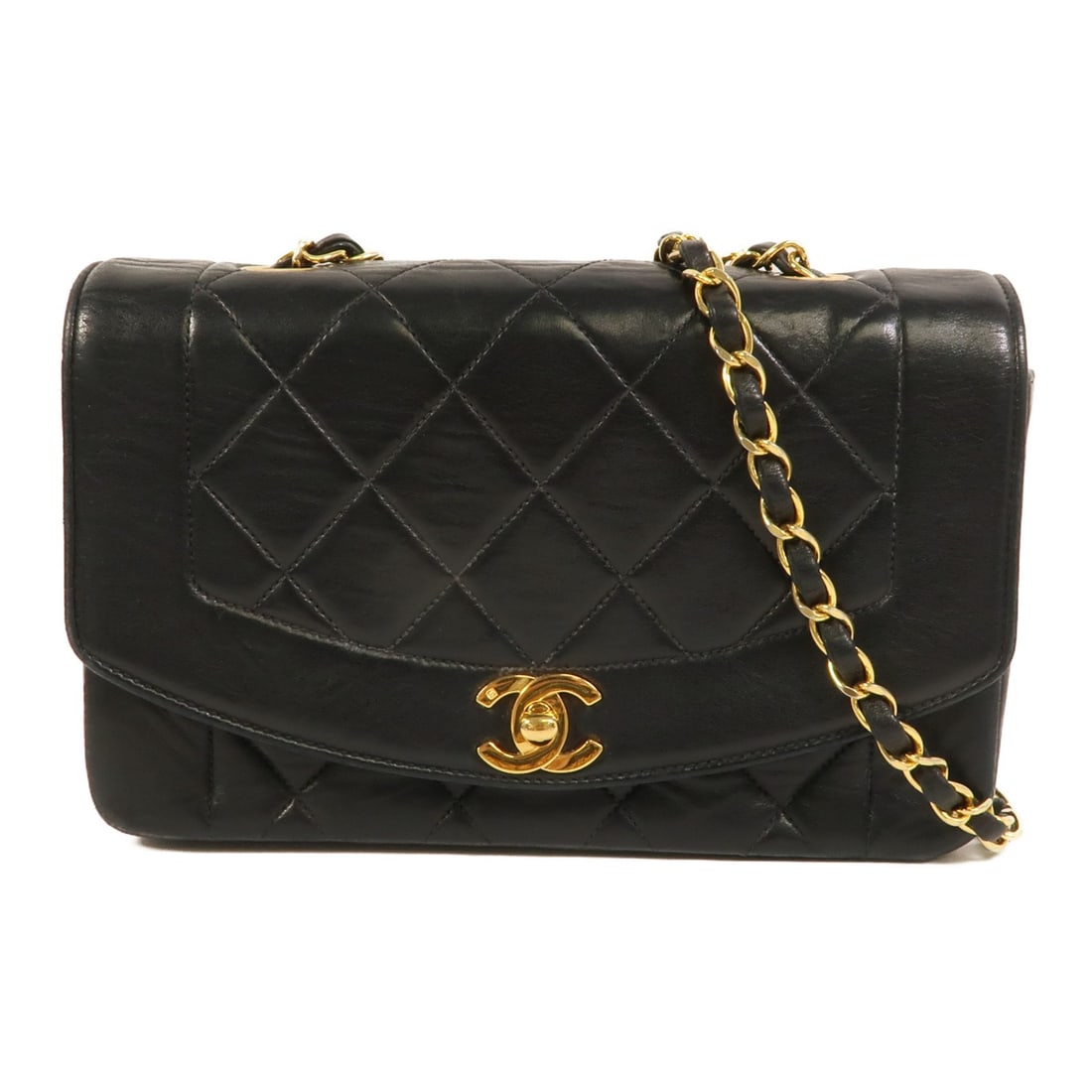 CHANEL Diana CC Shoulder Bag Black Lambskin Chain Strap: CHANEL Diana CC Shoulder Bag Black Lambskin Chain Strap A vintage CHANEL Diana chain shoulder bag in black lambskin leather with GHW. It features a shoulder bag style, turn-lock closure, and an interi