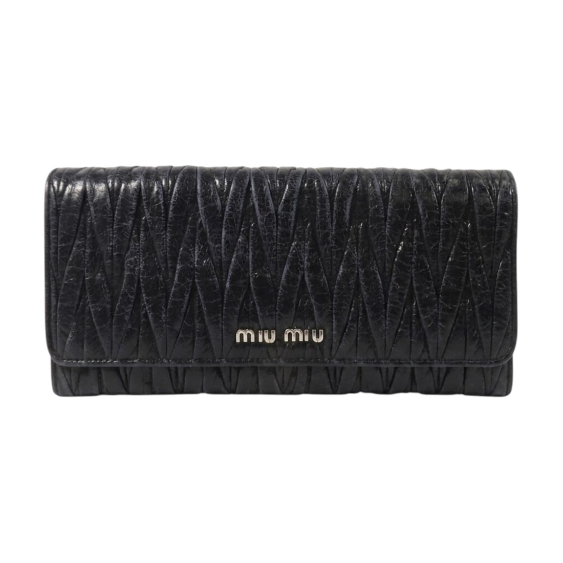 Miu Miu 5M1109 lambskin long wallet in black with silver tone hardware: Miu Miu 5M1109 lambskin long wallet in black with silver tone hardware A Miu Miu long wallet in black lambskin leather, identified by model number 5M1109. It features a hook button closure, multiple i