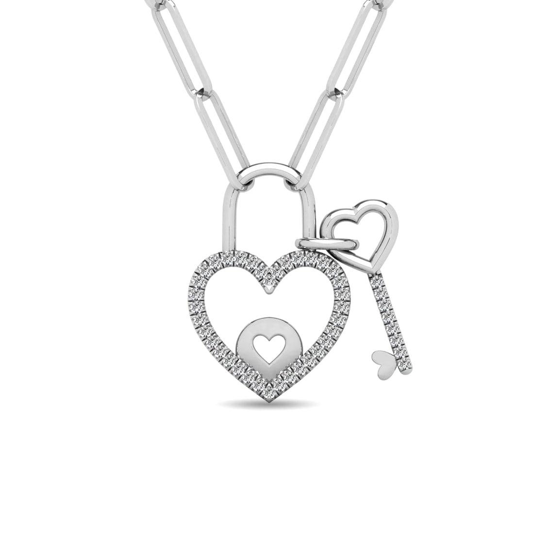 Diamond 1/6 Ct.Tw. Lock and Key Pendant in 10K White Gold: Diamond 1/6 Ct.Tw. Lock and Key Pendant in 10K White Gold 10k White Gold Stone Color: H-i Stone Clarity: I1 Unless otherwise specified, pendants that include a chain are paired with our standard 18-in