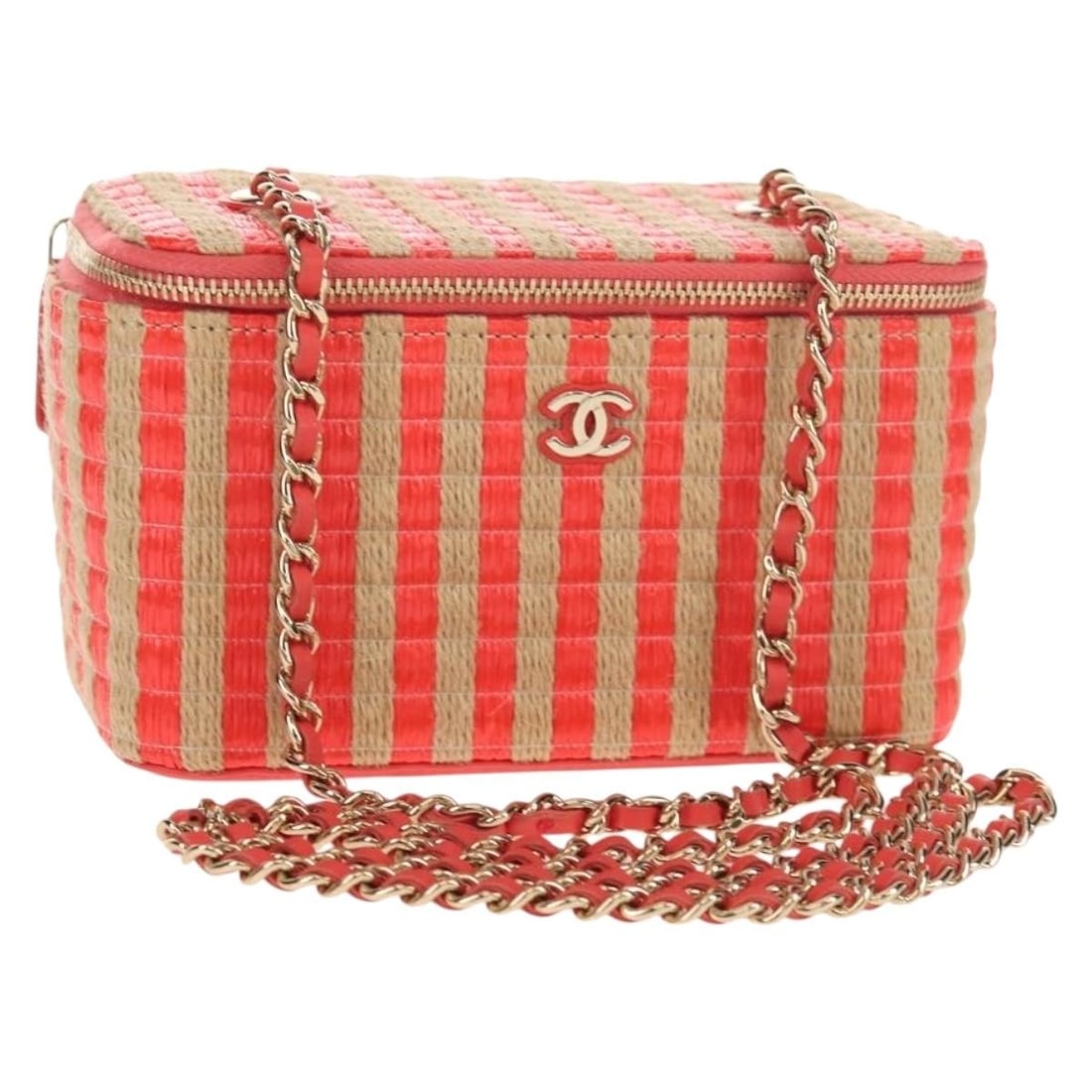 CHANEL Beige Gold Canvas Shoulder Bag with Dust Bag Card: CHANEL Beige Gold Canvas Shoulder Bag with Dust Bag Card CHANEL shoulder bag in beige and gold canvas, made in Italy. It comes with a dust bag and guarantee card. The bag measures approximately 16 cm 