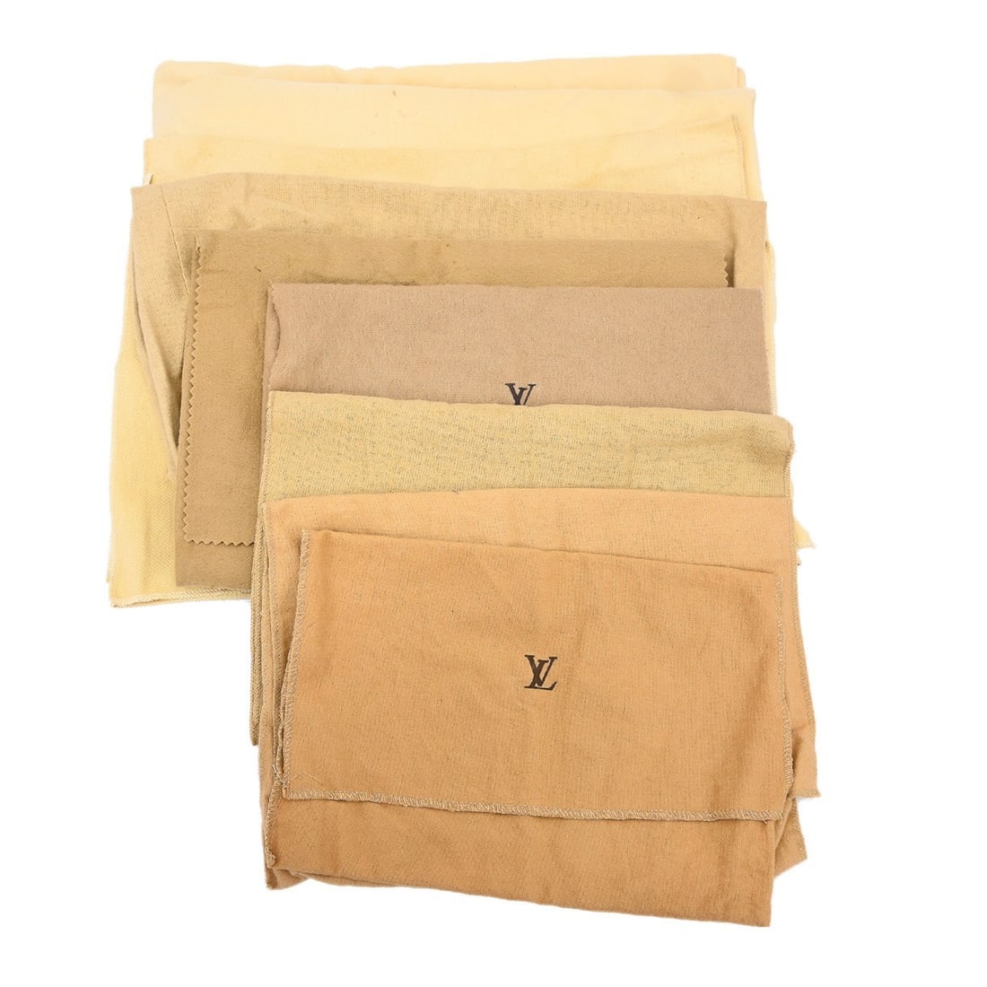 Set of 10 Louis Vuitton cotton dust bags in brown beige: Set of 10 Louis Vuitton cotton dust bags in brown beige Set of 10 Louis Vuitton dust bags in brown and beige cotton. These unisex dustbags show overall signs of use with stains and reasonable wear and