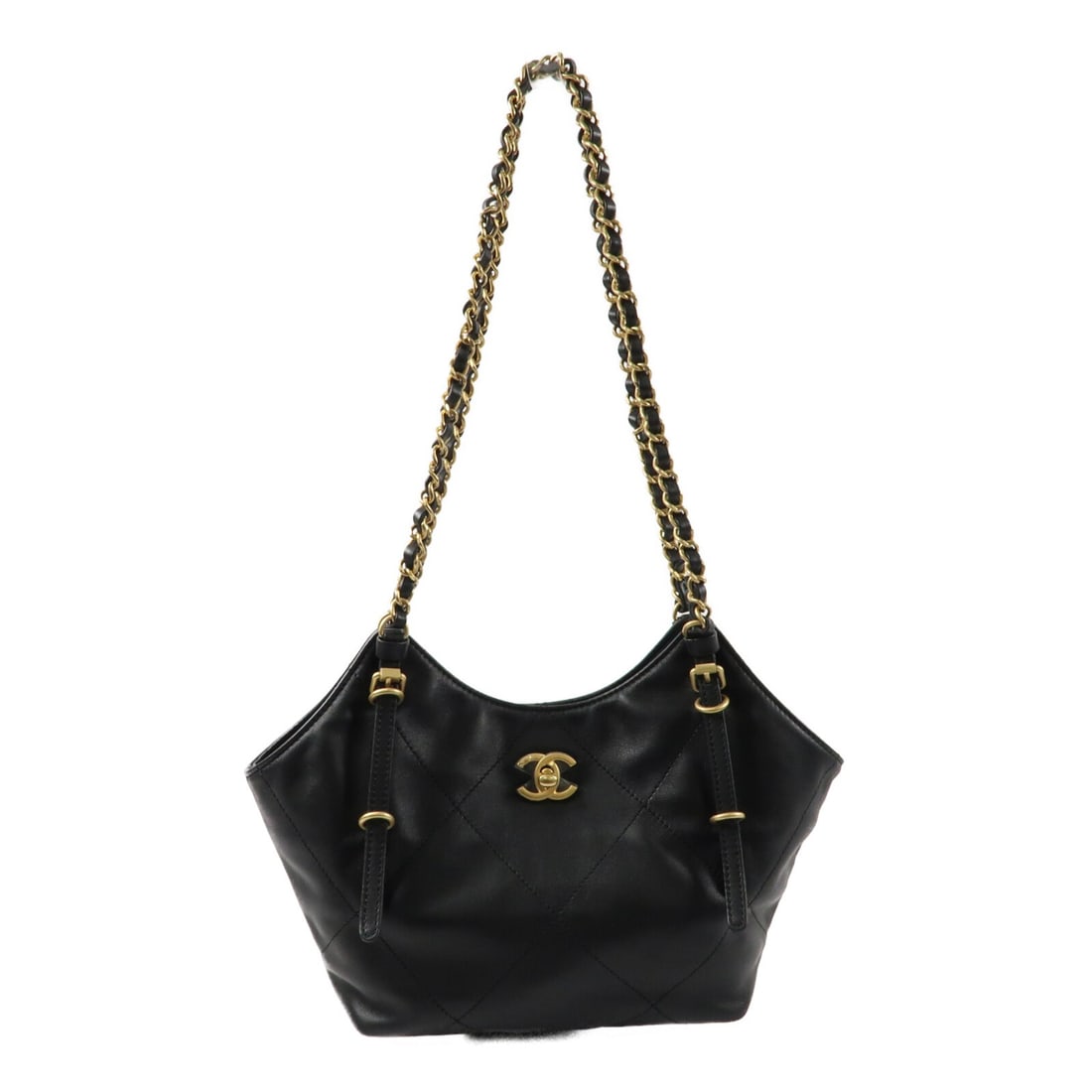 CHANEL AS6015 Small Chain Tote Bag Black Calfskin CC GHW: CHANEL AS6015 Small Chain Tote Bag Black Calfskin CC GHW This CHANEL CC GHW Small Chain Tote Bag is crafted in black calfskin (cowhide) leather and features a turn-lock closure. It is a women's tote b
