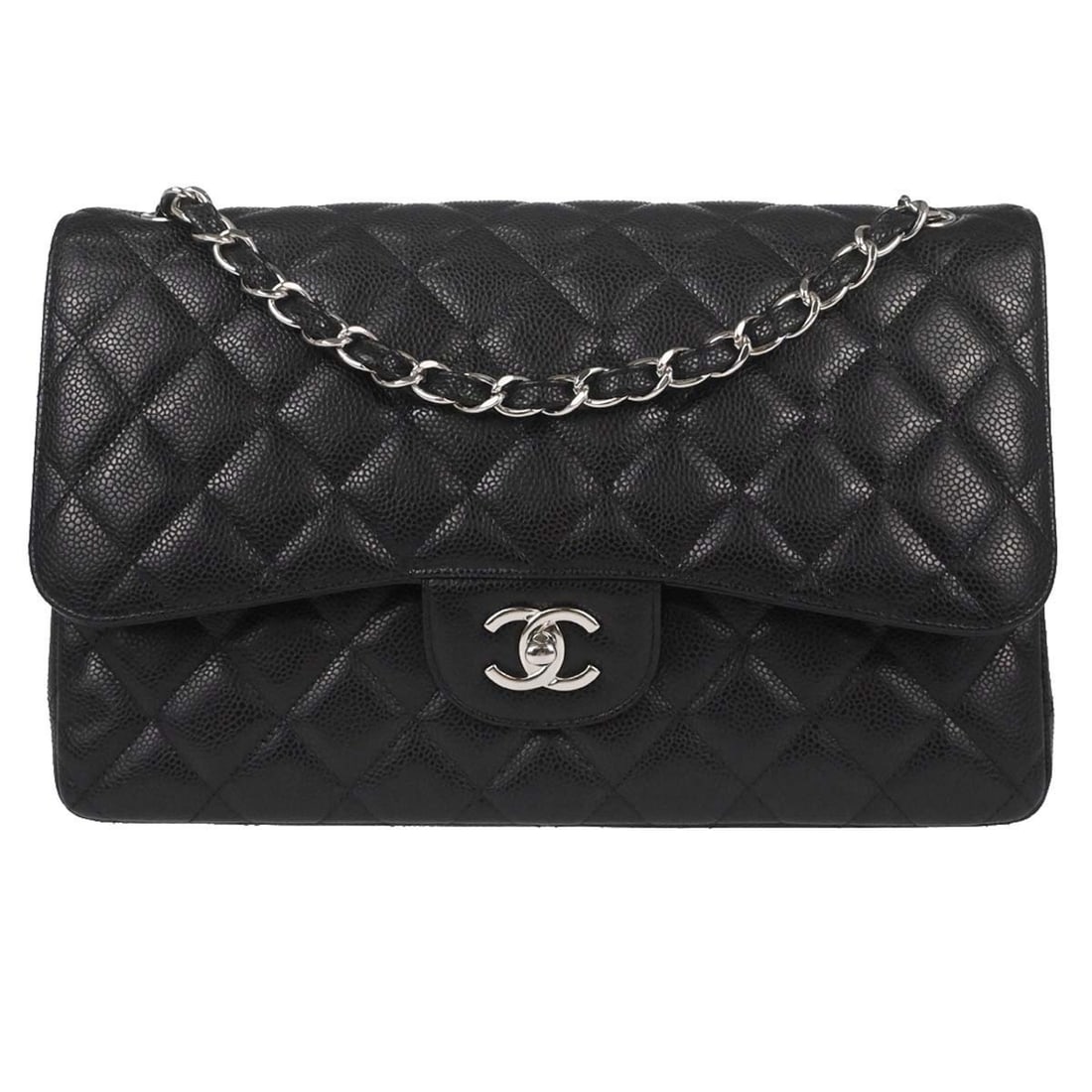 CHANEL Classic Double Flap Jumbo Shoulder Bag Black Caviar Leather: CHANEL Classic Double Flap Jumbo Shoulder Bag Black Caviar Leather Chanel Jumbo Classic Double Flap shoulder bag in black caviar skin leather with a turn-lock closure and shoulder strap. This large ba