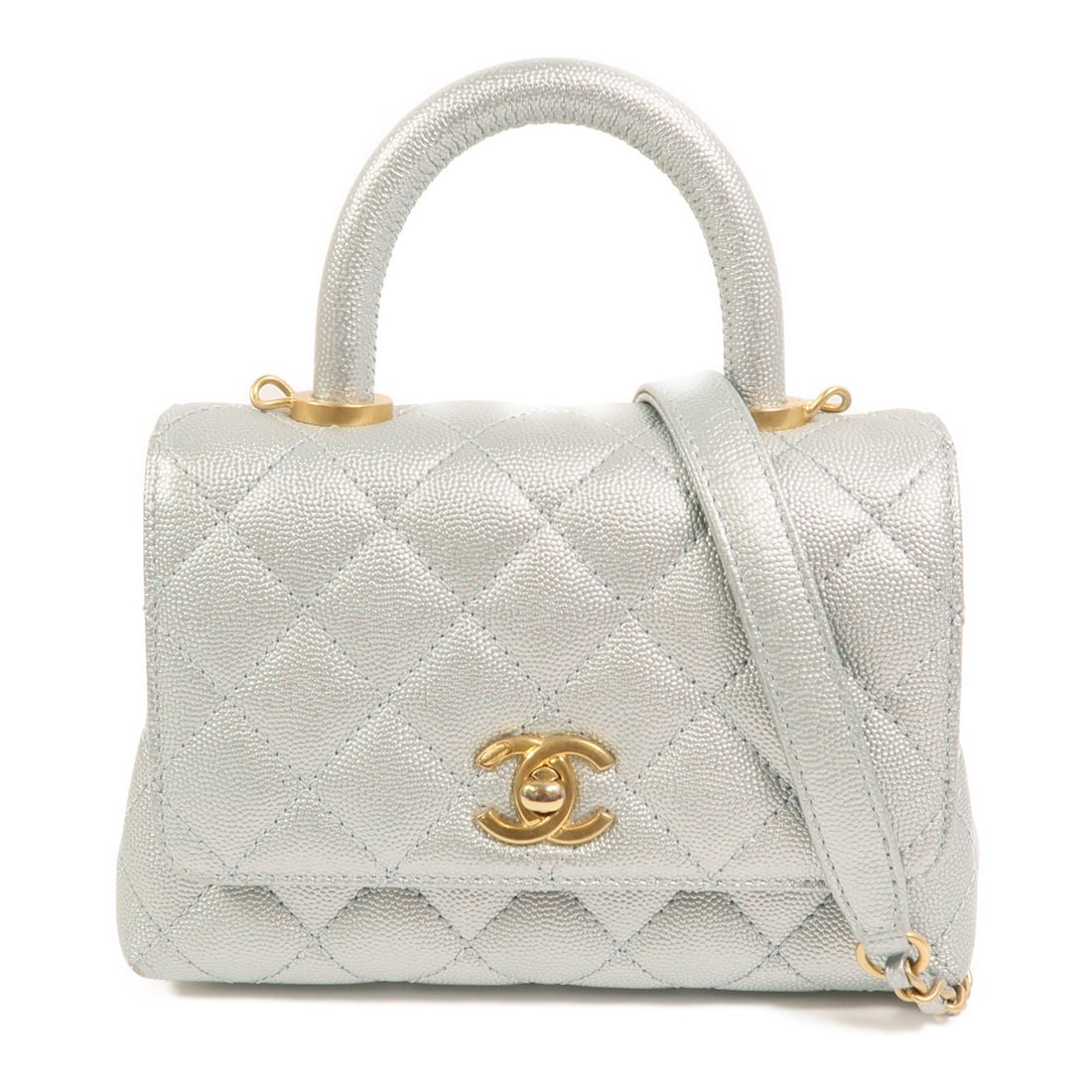 CHANEL Coco Handle Mini 2 Way Shoulder Bag Blue Calfskin CC GHW: CHANEL Coco Handle Mini 2 Way Shoulder Bag Blue Calfskin CC GHW A CHANEL Coco Handle Mini 2 Way Shoulder Bag in blue calfskin (cowhide) leather with a blue and light blue colorway. This women's regula