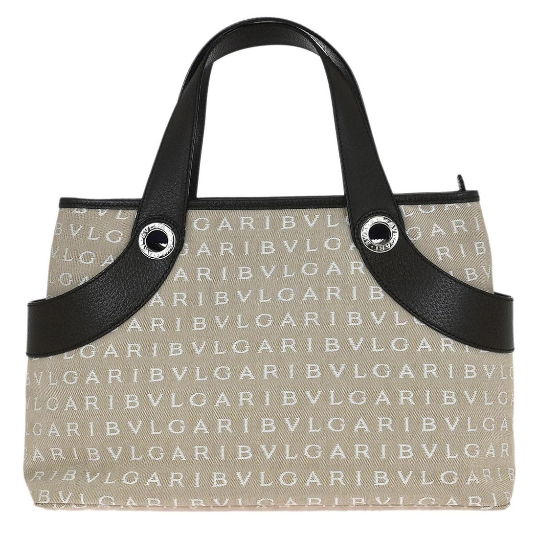 Bvlgari Logomania LAMTEA Canvas Leather Tote in Beige Brown: Bvlgari Logomania LAMTEA Canvas Leather Tote in Beige Brown Bvlgari Logomania tote bag in beige and brown canvas and leather. This medium women's tote features double handles and a casual design. The 