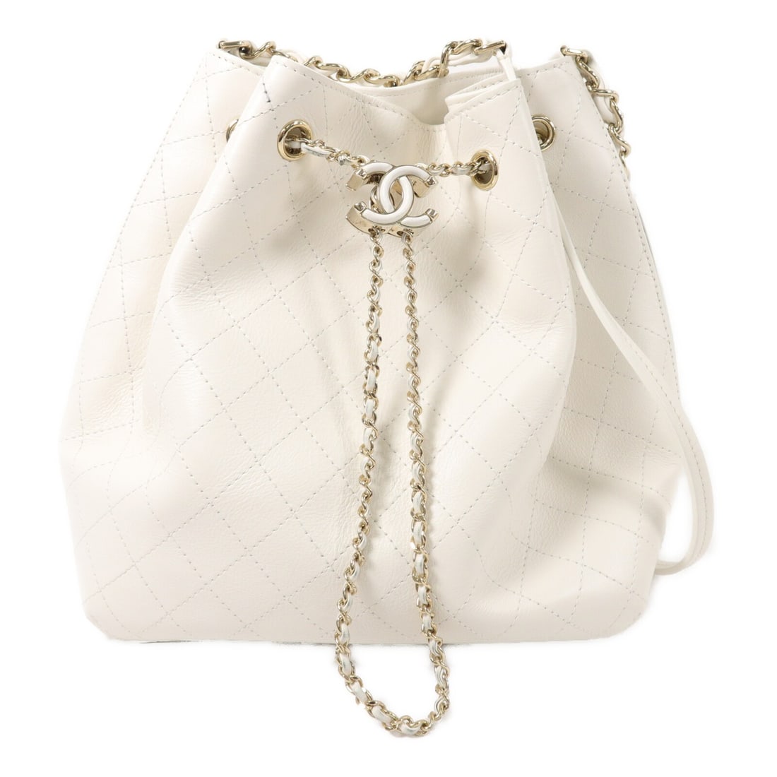 Chanel CC Bucket Chain Shoulder Bag White Calfskin GHW: Chanel CC Bucket Chain Shoulder Bag White Calfskin GHW A CHANEL women's shoulder bag in white calfskin leather with a bucket chain design and gold-tone hardware (GHW). It features one inside open pock