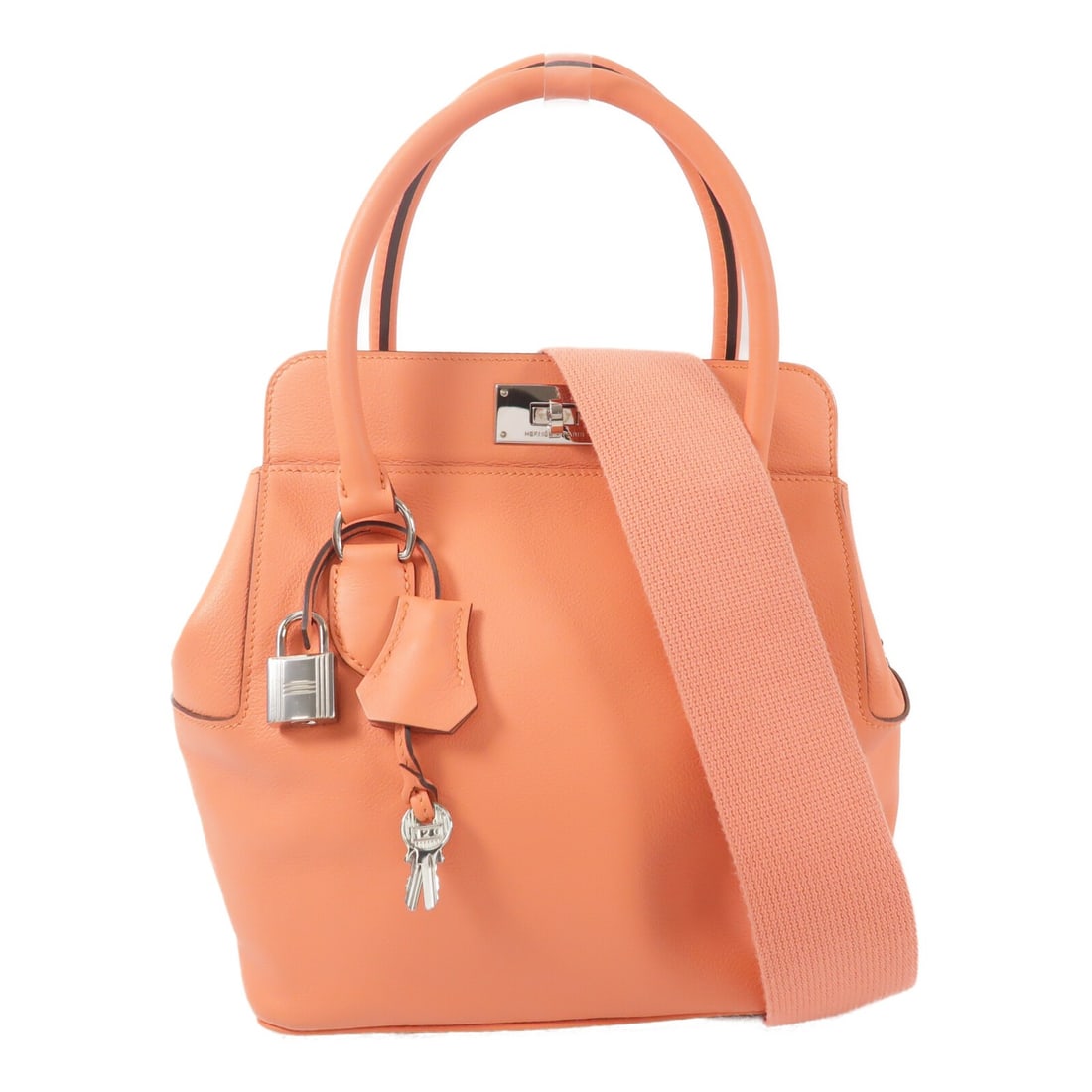 Hermes Toolbox 20 Evercolor 2 Way Shoulder Bag Crevette PHW: Hermes Toolbox 20 Evercolor 2 Way Shoulder Bag Crevette PHW Hermes Toolbox 20 2-way shoulder bag in Evercolor leather and calfskin (cowhide), presented in Crevette and orange. It features a turn lock 