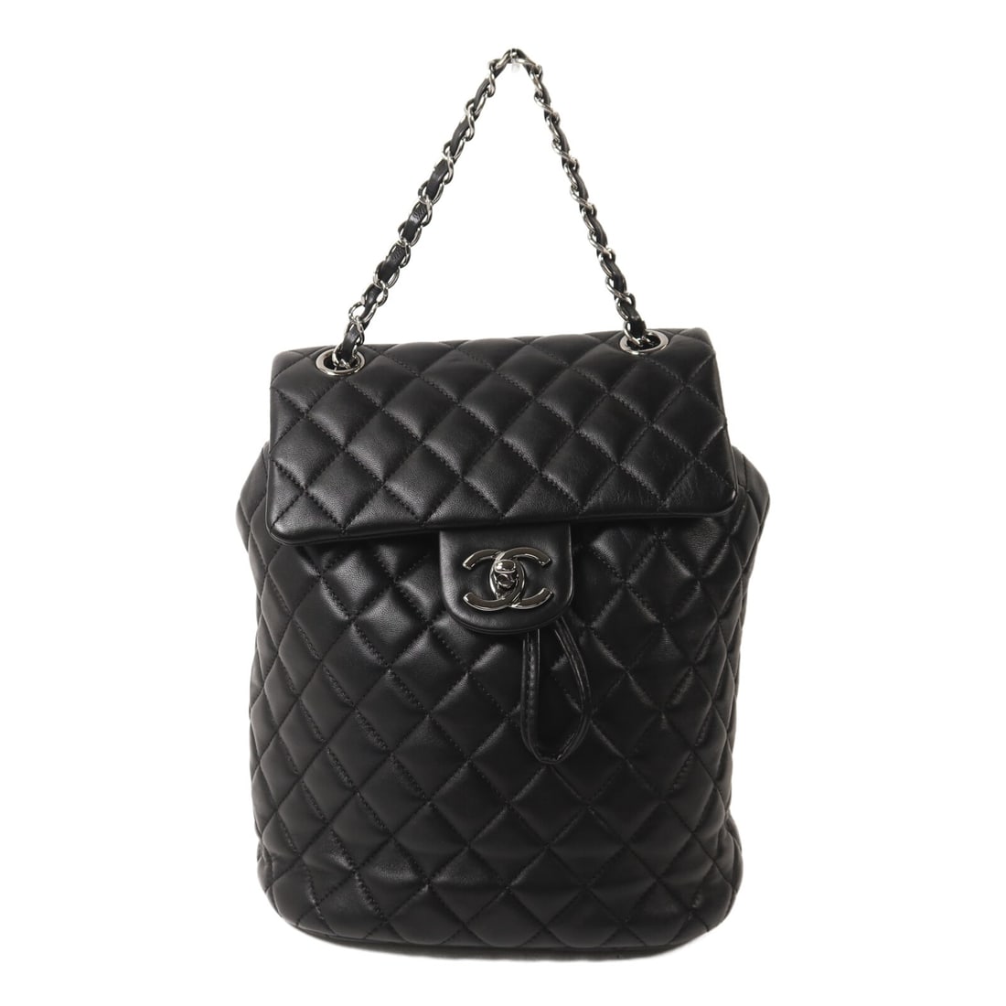 CHANEL Urban Spirit A91121 CC Chain Backpack Black Lambskin SHW: CHANEL Urban Spirit A91121 CC Chain Backpack Black Lambskin SHW CHANEL Urban Spirit Chain Backpack in black lambskin leather with CC hardware and silver-tone hardware. It features a turn lock closure,