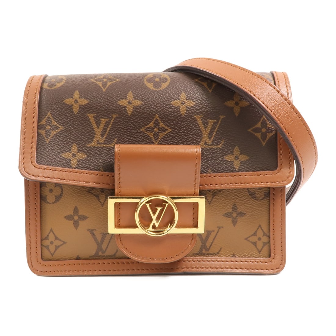 Louis Vuitton Mini Dauphine M45959 Shoulder Bag Monogram Reverse Brown: Louis Vuitton Mini Dauphine M45959 Shoulder Bag Monogram Reverse Brown Louis Vuitton Mini Dauphine shoulder bag in brown Monogram Reverse and PVC coated canvas. It features a shoulder strap, a magneti