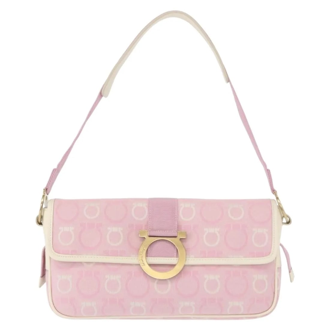 Pink Canvas Shoulder Bag Salvatore Ferragamo Gancini: Pink Canvas Shoulder Bag Salvatore Ferragamo Gancini This Salvatore Ferragamo Gancini shoulder bag is crafted from pink canvas and designed for women. It features a spacious interior and showcases the