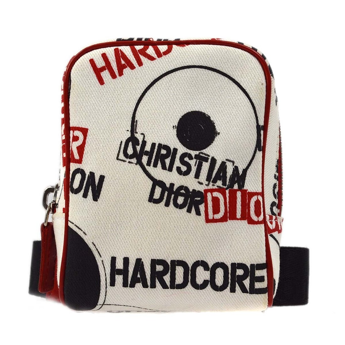 Dior Hardcore Mini Canvas Pouch White 03LU0024: Dior Hardcore Mini Canvas Pouch White 03LU0024 Christian Dior Hardcore pouch in white and black with logo accents. Made in Italy, this mini bag features a zip closure, canvas exterior with leather tri