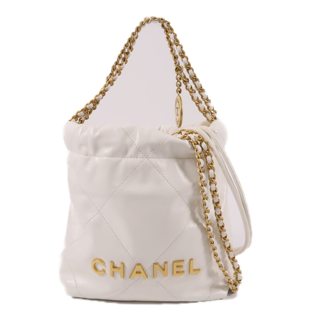 Chanel AS3980 Chanel 22 Mini White Calfskin Chain Shoulder Bag: Chanel AS3980 Chanel 22 Mini White Calfskin Chain Shoulder Bag A Chanel 22 Mini Chain Shoulder Bag in white calfskin leather, model AS3980, with gold-tone hardware. It features one inside open pocket 