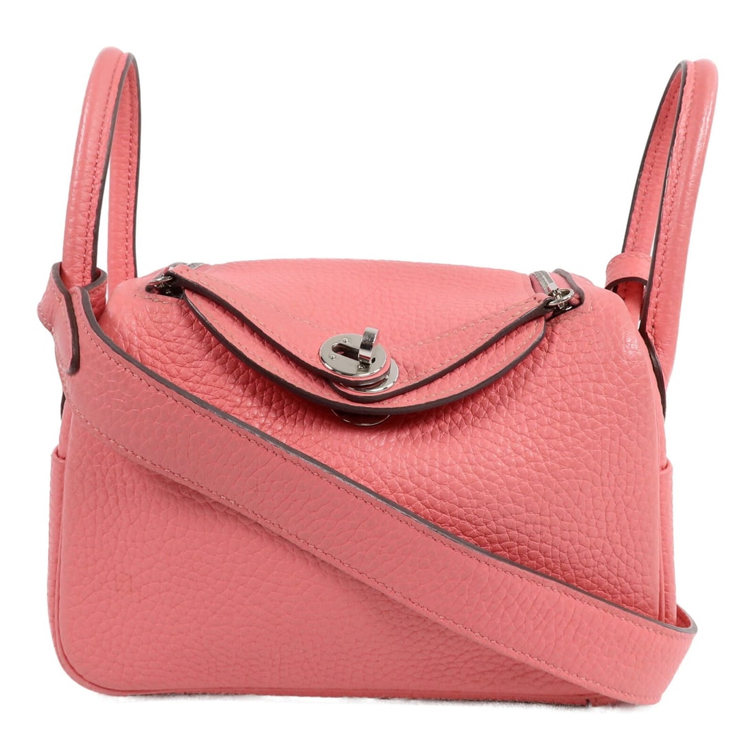 Hermes Mini Lindy 2 Way Shoulder Bag Rose Azalee Clemence PHW: Hermes Mini Lindy 2 Way Shoulder Bag Rose Azalee Clemence PHW A Mini Lindy 2 Way Shoulder Bag Handbag in Rose Azalee, made from Taurillon Clemence and calfskin. It features a 2-way design with a handl