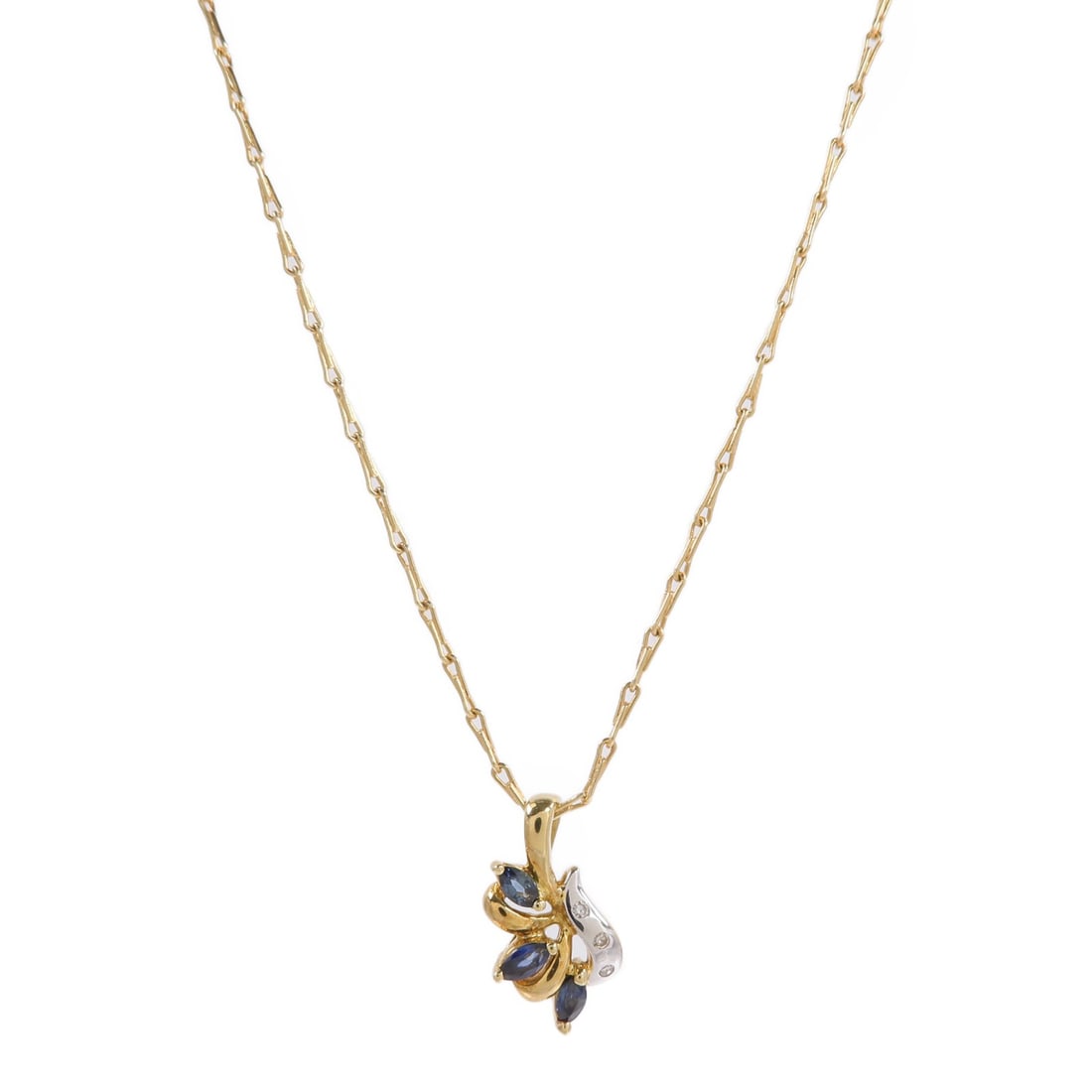JEWELRY K18 Yellow White Gold Sapphire Necklace for Women: JEWELRY K18 Yellow White Gold Sapphire Necklace for Women A women's necklace featuring sapphire with K18 yellow gold and K18 white gold accents. The piece is described as blue in color and has a regul
