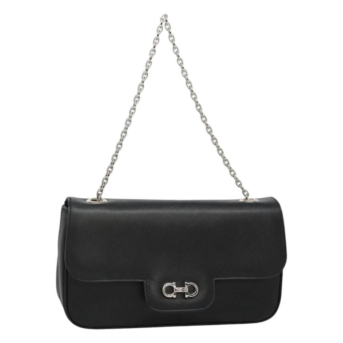 Salvatore Ferragamo Gancini black leather shoulder bag silver tone: Salvatore Ferragamo Gancini black leather shoulder bag silver tone Salvatore Ferragamo Gancini chain shoulder bag in black leather with silver-tone accents. Made in Italy, this women's shoulder bag in