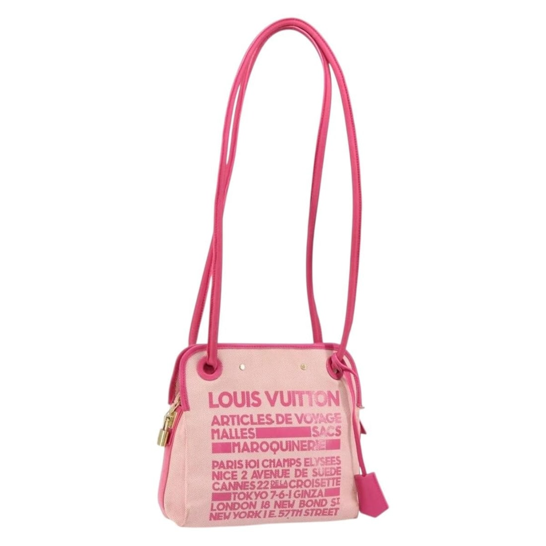 LOUIS VUITTON M92809 Pink Canvas Shoulder Bag with Padlock: LOUIS VUITTON M92809 Pink Canvas Shoulder Bag with Padlock Introducing the LOUIS VUITTON Cruise Line Rider Shoulder Bag, a stylish accessory crafted in Italy. This shoulder bag features a vibrant pink
