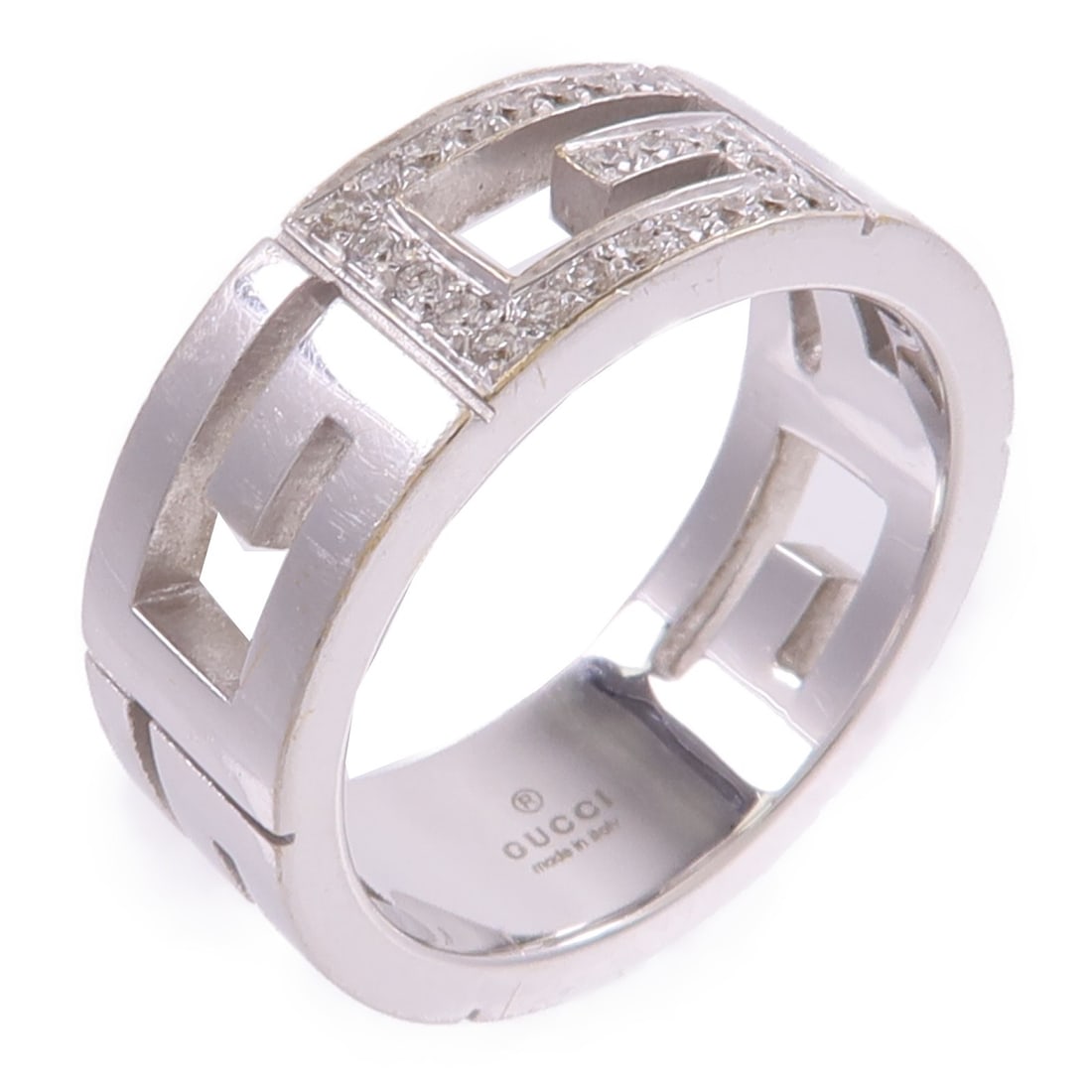 Gucci GG Multiple G Diamond Ring in 18K White Gold Size 6.5: Gucci GG Multiple G Diamond Ring in 18K White Gold Size 6.5 A Gucci GG Multiple G ring crafted in 18K white gold with diamond accents. The ring is size US 6.5 and has a 7 mm width. It is described as 