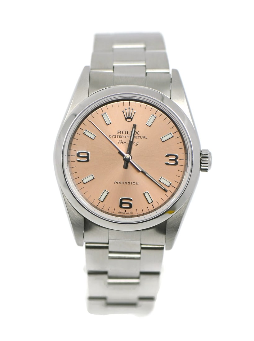 Rolex Air-King 34mm Stainless Steel Automatic Wristwatch: Rolex Air-King 34mm Stainless Steel Automatic Wristwatch This Rolex Air-King wristwatch, reference 14000M, features a 34 mm polished stainless steel case with a smooth silver bezel and a sunburst bron