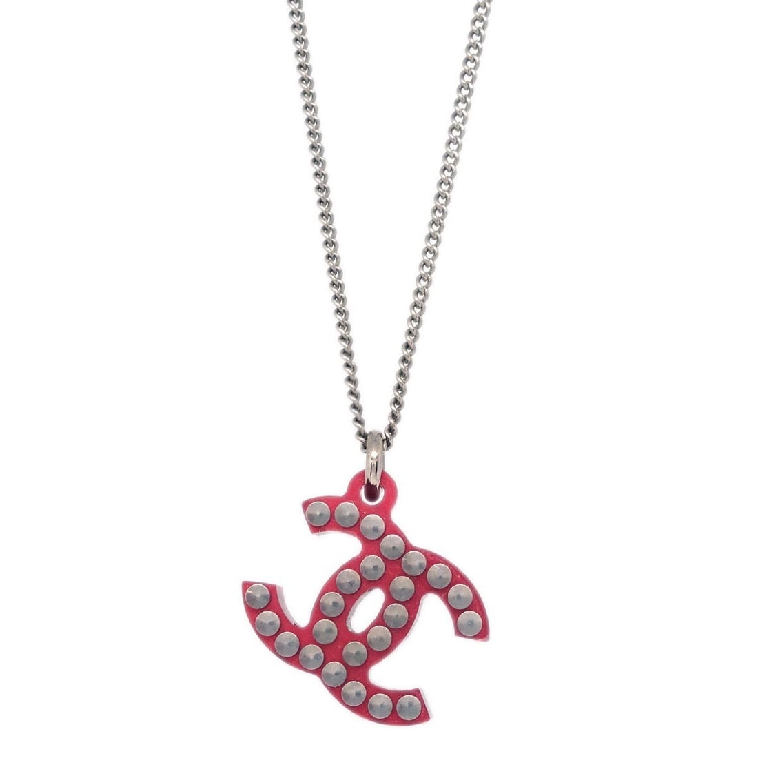 CHANEL CC Pendant Necklace Silver Plated Acrylic Red 05P: CHANEL CC Pendant Necklace Silver Plated Acrylic Red 05P Chanel pendant necklace featuring a CC logo charm with a silver-tone chain and red acrylic detail. Made in Italy, this pendant-style necklace i
