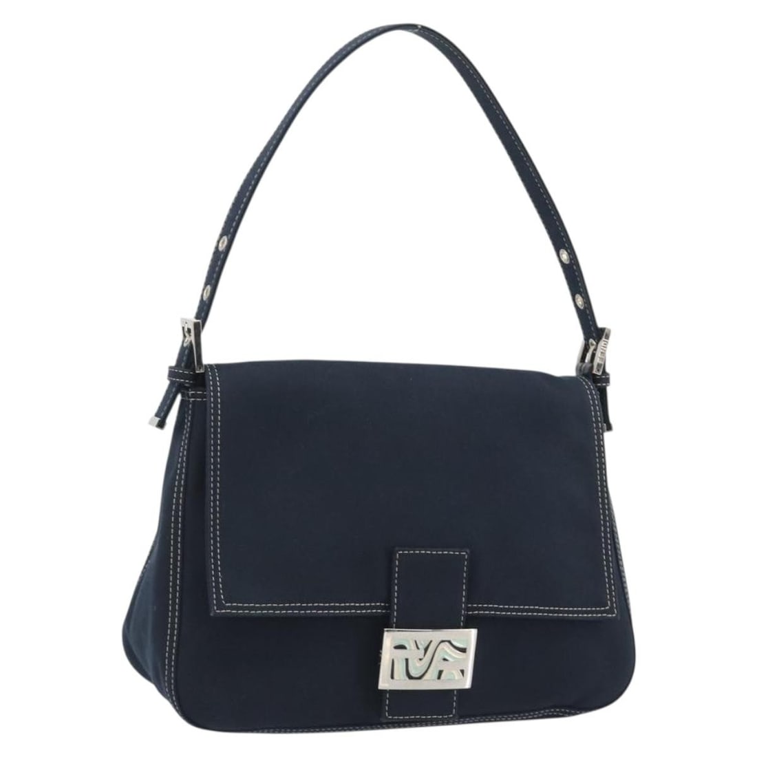 Fendi Mamma Baguette Canvas Shoulder Bag Navy Silver Italy: Fendi Mamma Baguette Canvas Shoulder Bag Navy Silver Italy FENDI Mamma Baguette shoulder bag in navy and silver canvas, made in Italy. It comes with a dust bag and features a shoulder strap with an ap