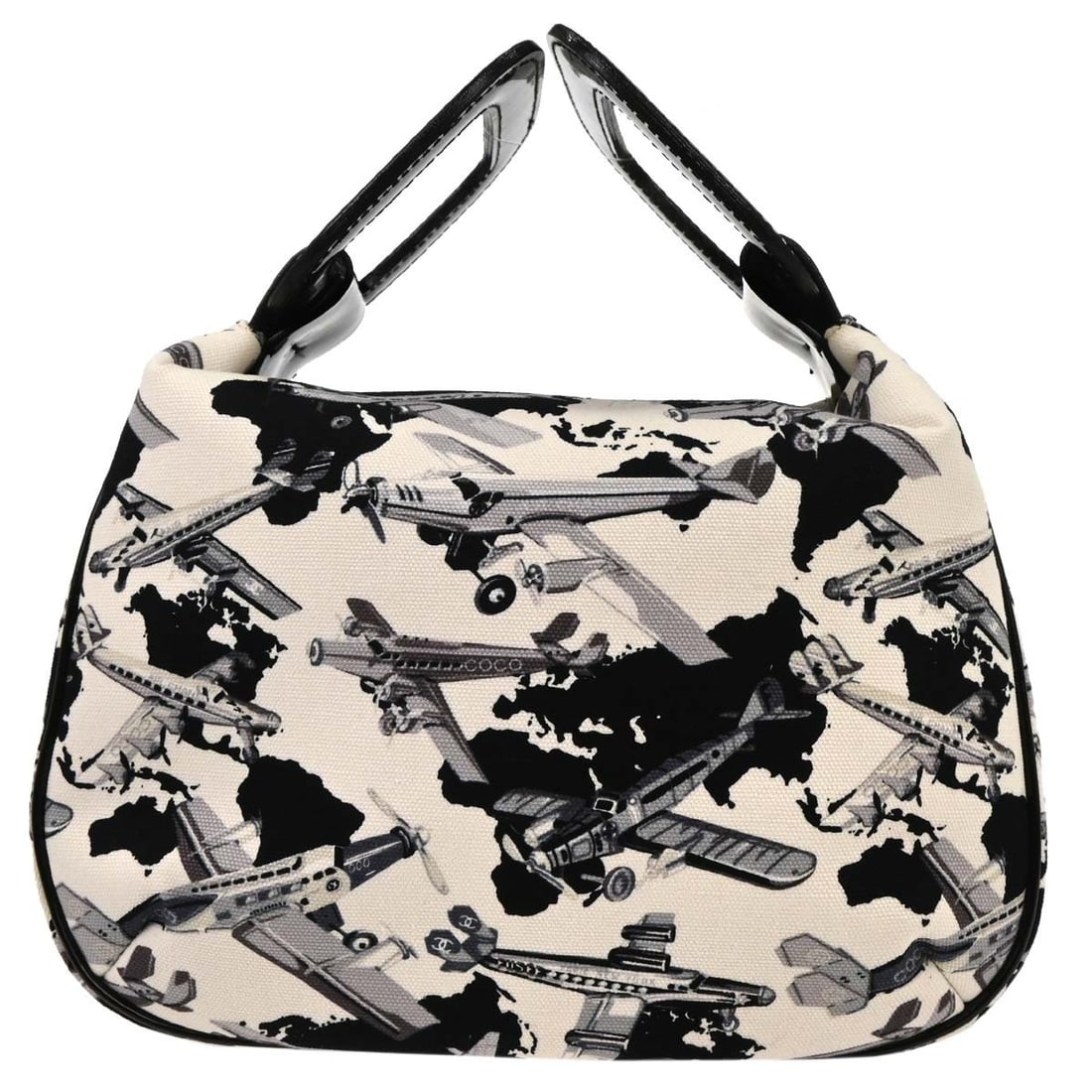 CHANEL Medium Top Handle Bag White Canvas Italy: CHANEL Medium Top Handle Bag White Canvas Italy Medium Chanel top handle handbag in white canvas with black patent leather trim. This women's casual bag features an exterior pocket and one interior po