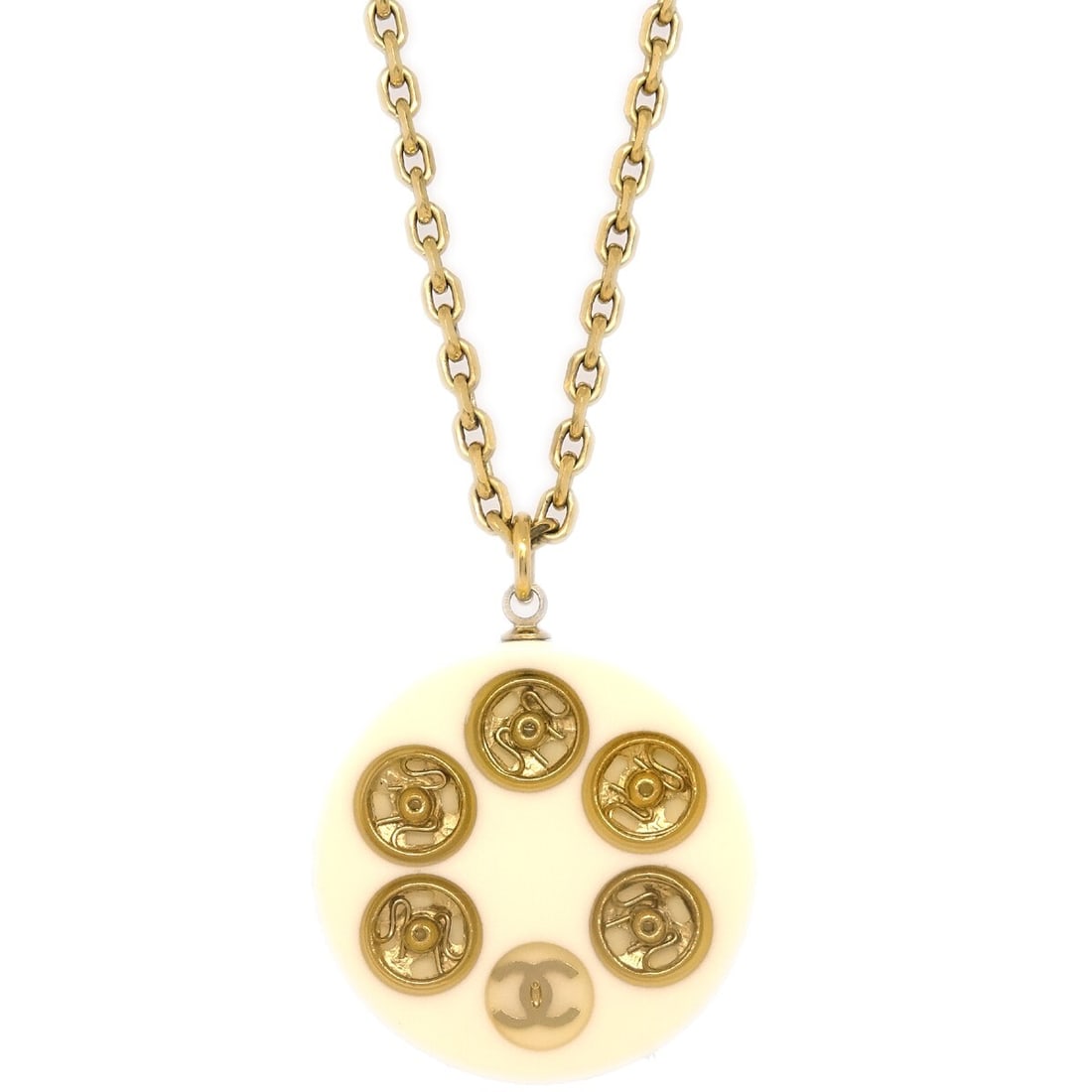 Chanel 03A Round Charm Necklace Gold Plated White Acrylic: Chanel 03A Round Charm Necklace Gold Plated White Acrylic Chanel pendant necklace featuring a round charm design in gold and white. The necklace is made in France and includes the original box. Condit