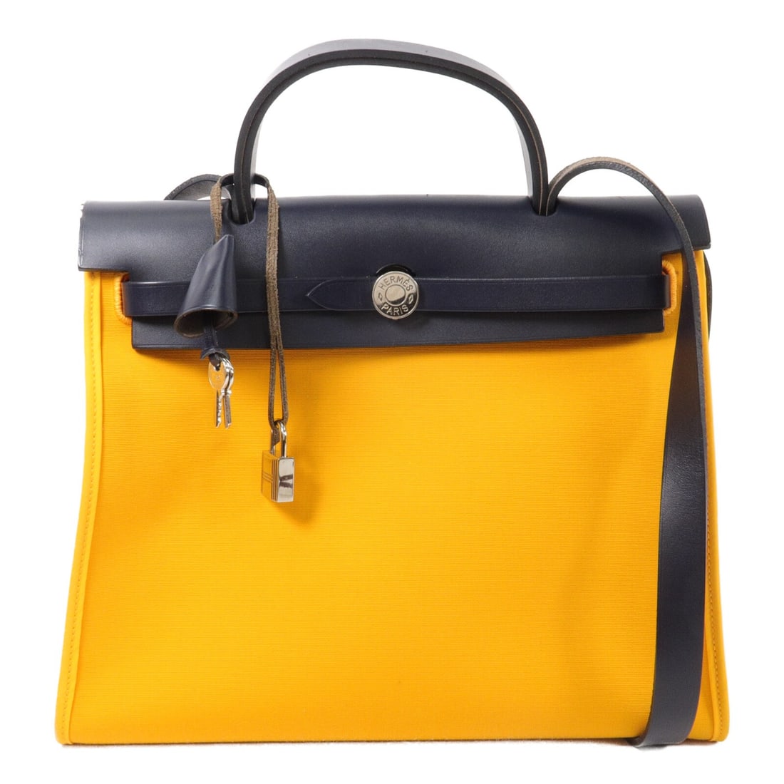 Hermes Herbag PM 2 Way Canvas Shoulder Handbag Jaune D'Or PHW: Hermes Herbag PM 2 Way Canvas Shoulder Handbag Jaune D'Or PHW Hermes PHW Herbag PM 2 Way Shoulder Bag Handbag in canvas and Jaune D'Or. It features a 2-way design with a handle and shoulder strap, out