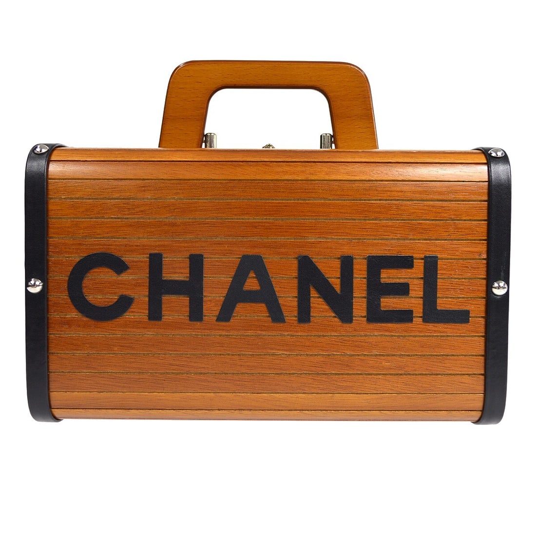 CHANEL Vanity Box Handbag Brown Black Wood Leather Top Handle: CHANEL Vanity Box Handbag Brown Black Wood Leather Top Handle Chanel vanity handbag in a brown and black box-style design with logo pattern and top handle. The exterior is made of wood and leather, wi