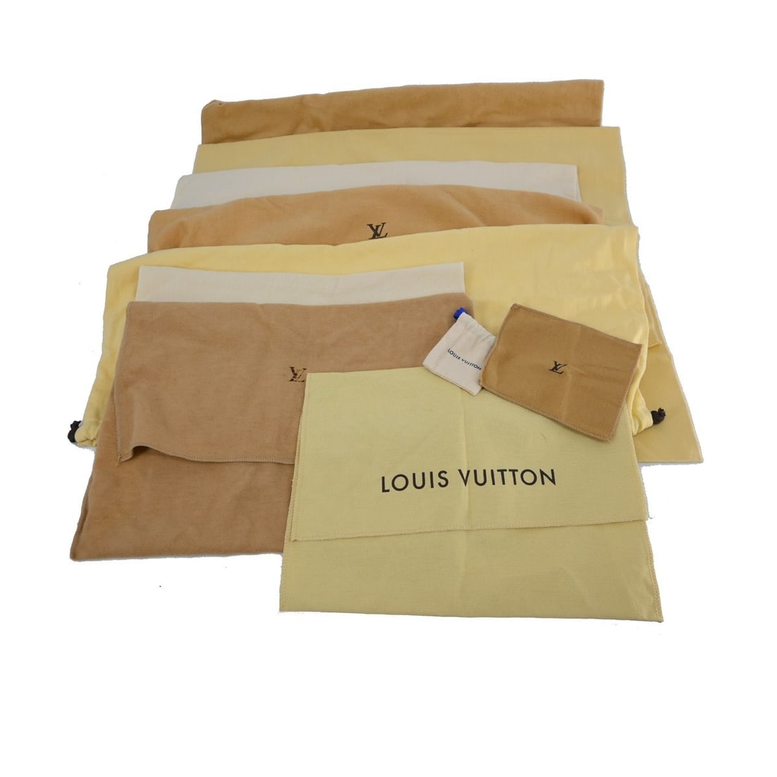 Set of 10 Louis Vuitton cotton dust bags brown beige: Set of 10 Louis Vuitton cotton dust bags brown beige Set of 10 Louis Vuitton dust bags in brown and beige cotton. These unisex dust bags are made in Italy and show overall signs of use with reasonable