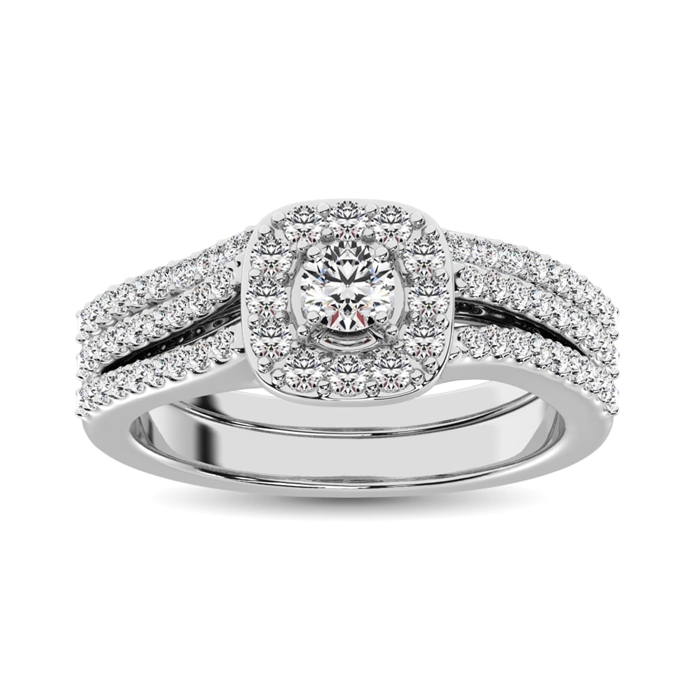 10K White Gold 3/4 Ct.tw Diamond Bridal Ring: 10K White Gold 3/4 Ct.tw Diamond Bridal Ring This glamorous Bridal Ring is available in 10K White Gold. There is 1 round diamond with a total carat weight of 3/4 Ct.Tw. set in a shared prong setting. 