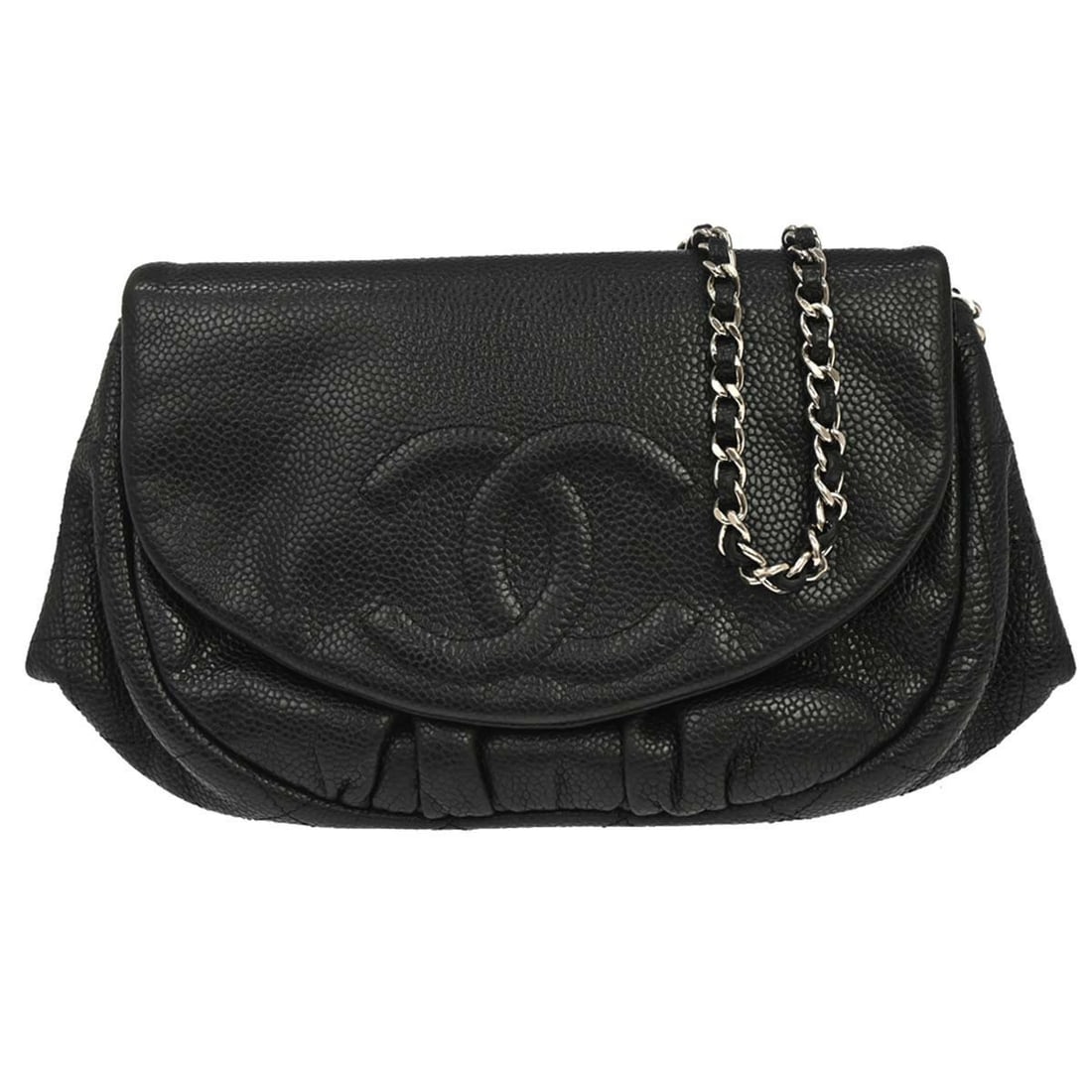 Chanel WOC Half Moon Flap Black Caviar Leather Shoulder Bag: Chanel WOC Half Moon Flap Black Caviar Leather Shoulder Bag Chanel Black Calfskin Half Moon Flap WOC Wallet on Chain Shoulder Bag in medium size, made in France. It features a magnetic closure, chain 