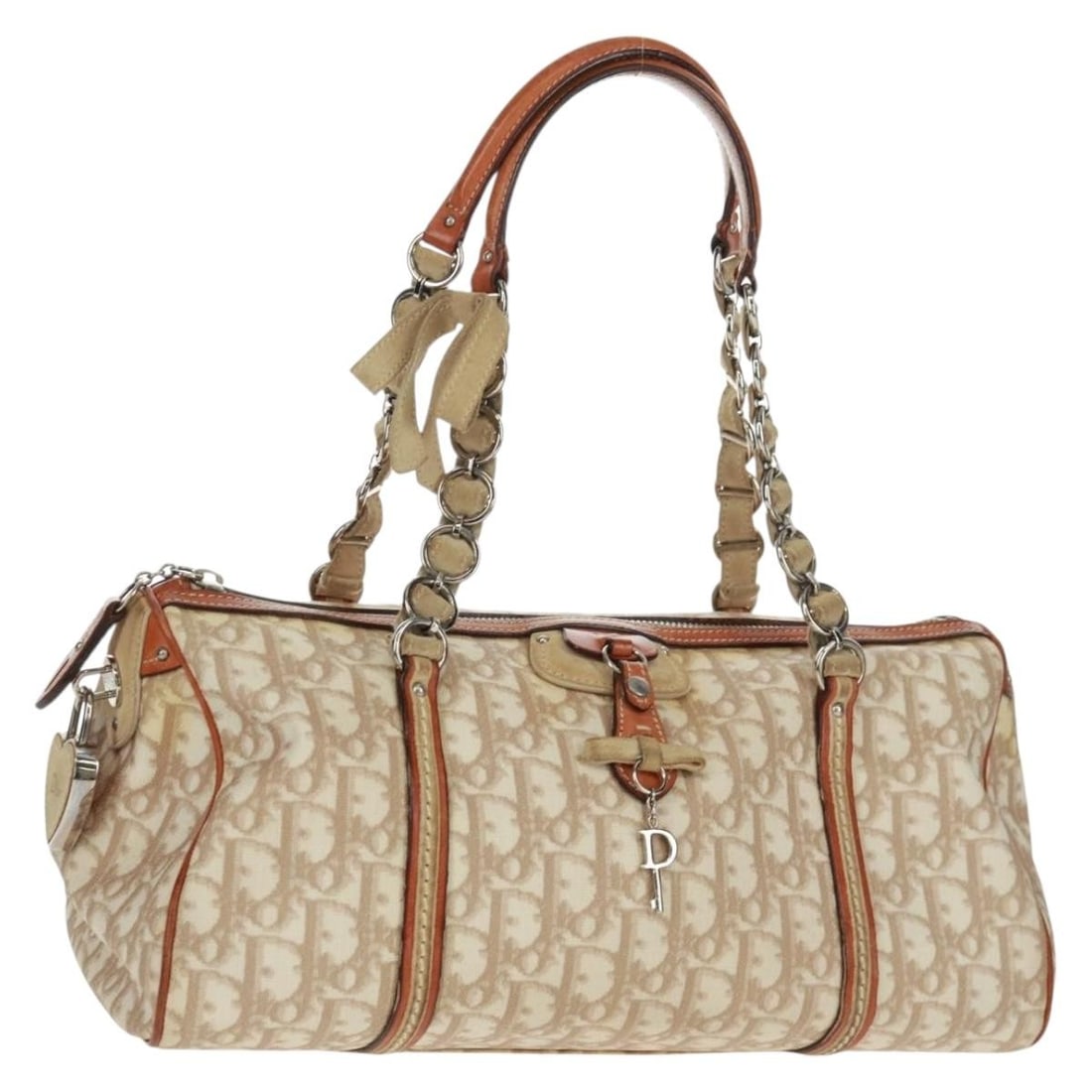 Christian Dior Romantic Boston Bag Beige Trotter Canvas with Silver Accents: Christian Dior Romantic Boston Bag Beige Trotter Canvas with Silver Accents This Christian Dior Romantic Boston Bag features signature Trotter canvas in beige and silver tones. Designed for women, the