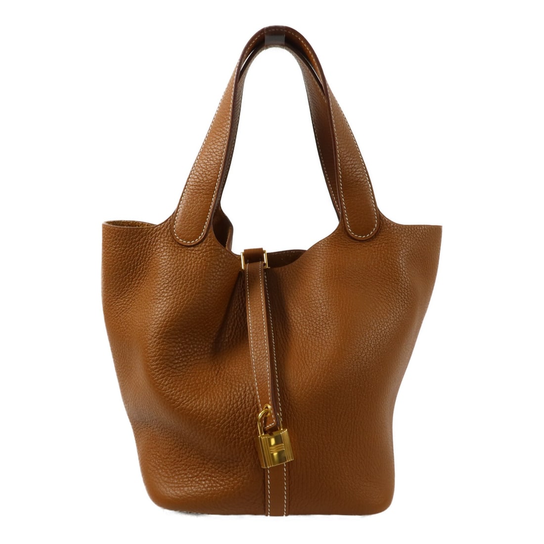 Hermes Picotin Lock MM Taurillon Clemence Leather Handbag Gold Brown: Hermes Picotin Lock MM Taurillon Clemence Leather Handbag Gold Brown Hermes Picotin Lock MM handbag tote bag in Gold x Brown x Gold, made from Taurillon Clemence and calfskin (cowhide). It features be