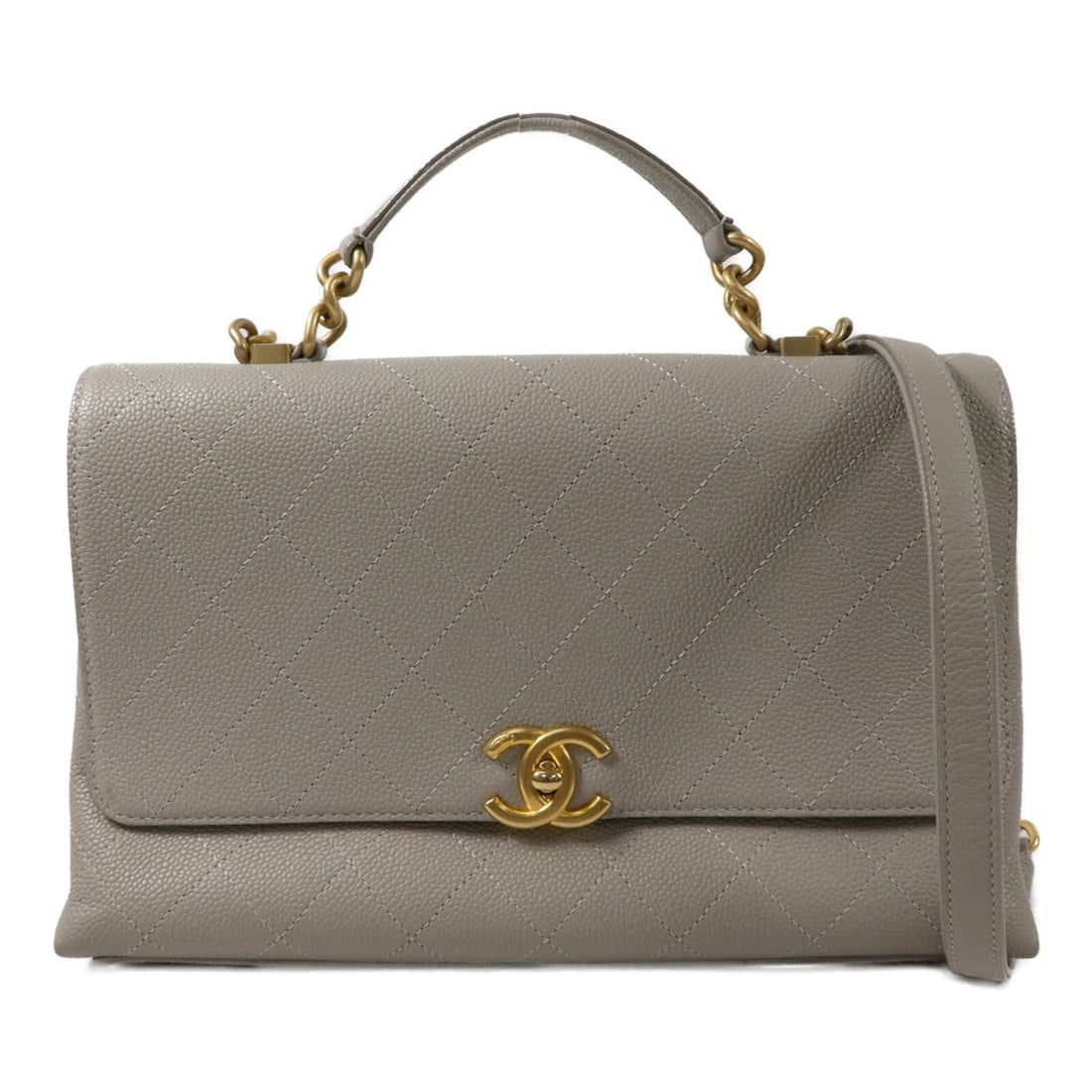 CHANEL AS0305 CC Chain Shoulder Bag Gray Calfskin GHW: CHANEL AS0305 CC Chain Shoulder Bag Gray Calfskin GHW A CHANEL CC GHW chain shoulder bag, model AS0305, in gray. It is made of calfskin (cowhide) and features a turn-lock closure with interior open an