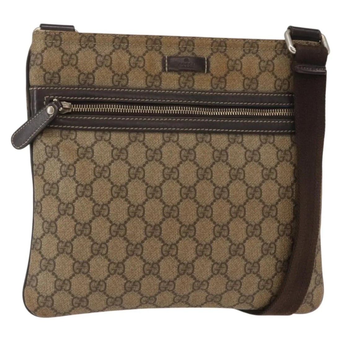 Gucci Beige PVC Flat Messenger Bag 27cm by 24cm by 27cm: Gucci Beige PVC Flat Messenger Bag 27cm by 24cm by 27cm This Gucci Flat Messenger Bag is crafted from beige GG coated PVC canvas, designed for women. It features a spacious interior with pockets and a