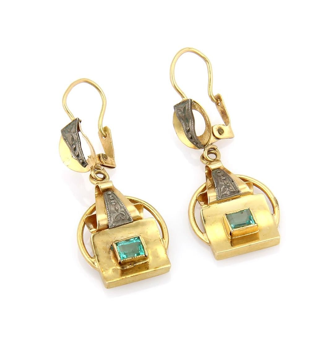 Vintage 18k Yellow Gold Emerald Bezel Drop Earrings (1 of 5)
