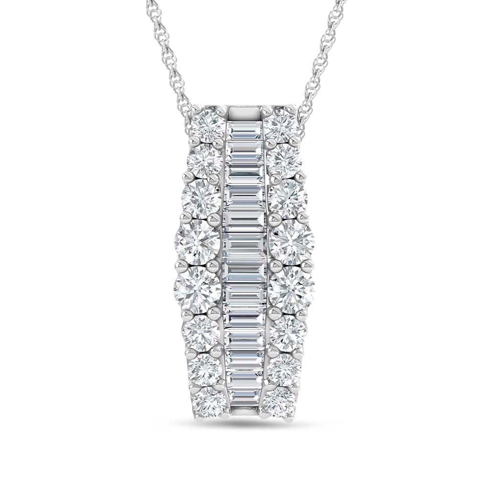 14K White Gold 4 Ct.Tw. Round and Baguette Lab Grown Diamond Fashion Pendant: 14K White Gold 4 Ct.Tw. Round and Baguette Lab Grown Diamond Fashion Pendant A striking showcase of brilliance, this 14K white gold fashion pendant sparkles with round and baguette lab-grown diamonds 