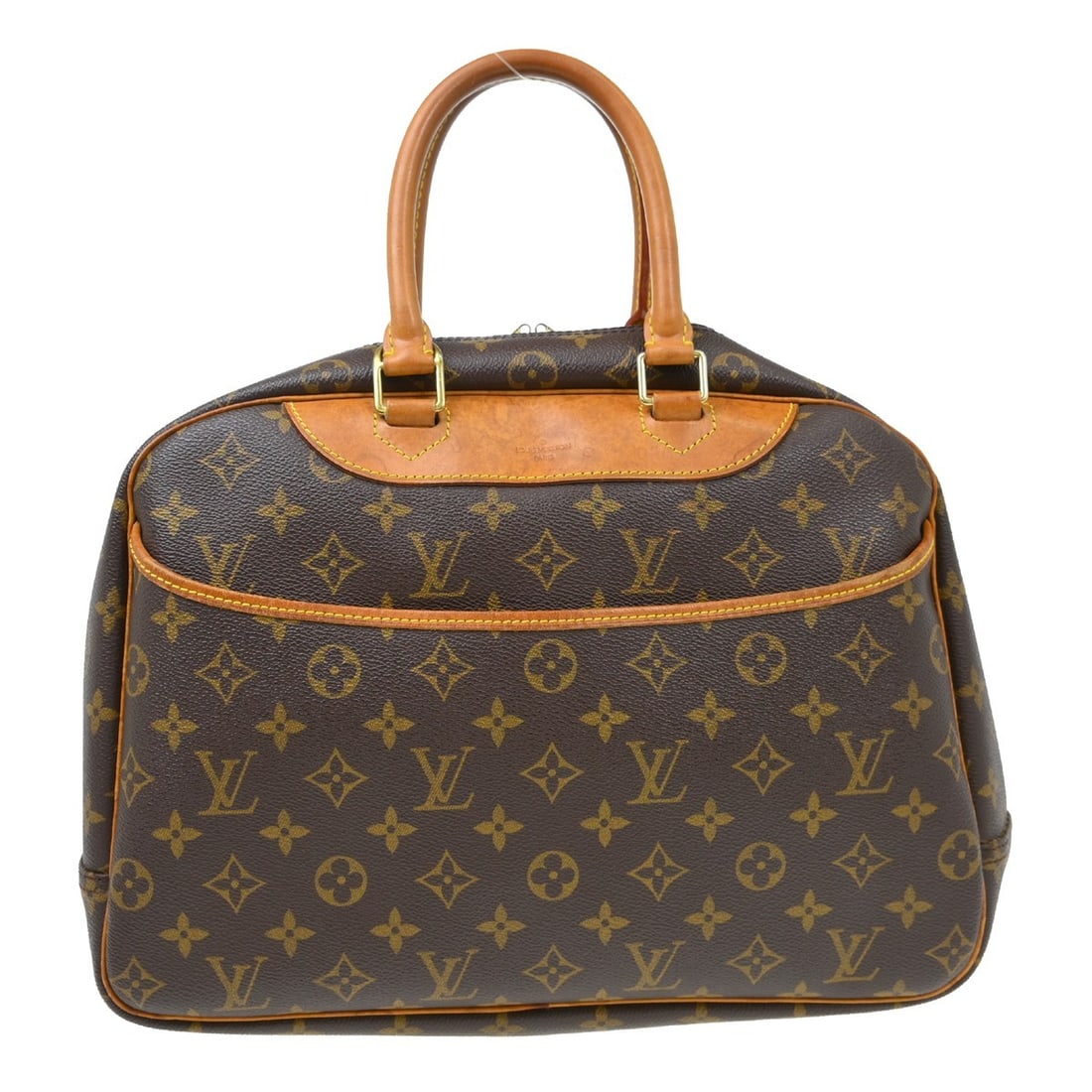 Louis Vuitton Deauville Monogram Canvas Vanity Handbag M47270: Louis Vuitton Deauville Monogram Canvas Vanity Handbag M47270 Vintage Louis Vuitton Deauville Bowling Vanity handbag in brown Monogram canvas with leather trim and double handles. This medium handbag 