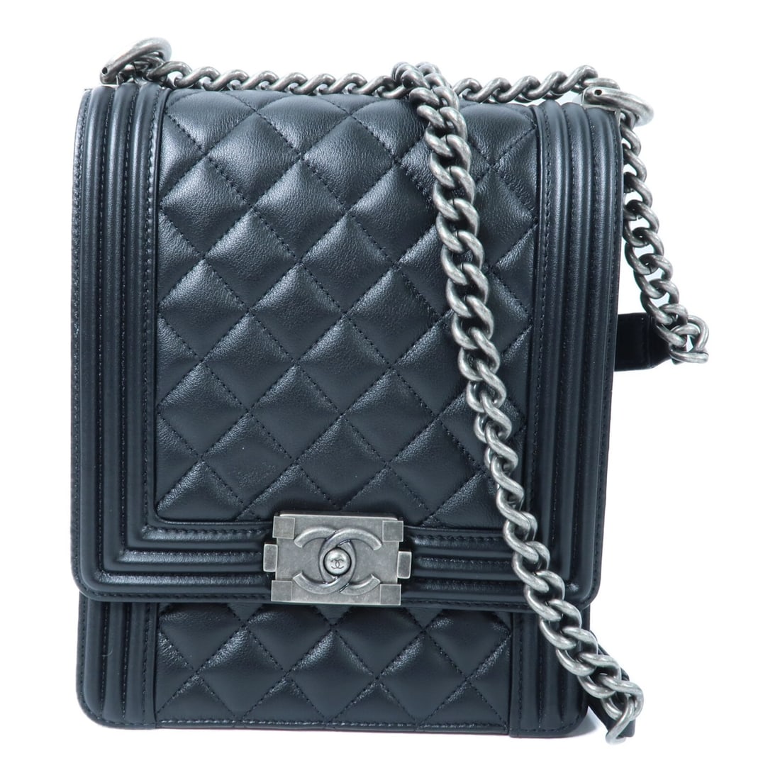 CHANEL Boy North South CC Lambskin Shoulder Bag Black: CHANEL Boy North South CC Lambskin Shoulder Bag Black A CHANEL North South Boy Chain Shoulder Bag in black lambskin (sheep leather). This women's shoulder bag features a flap pocket and comes with sto